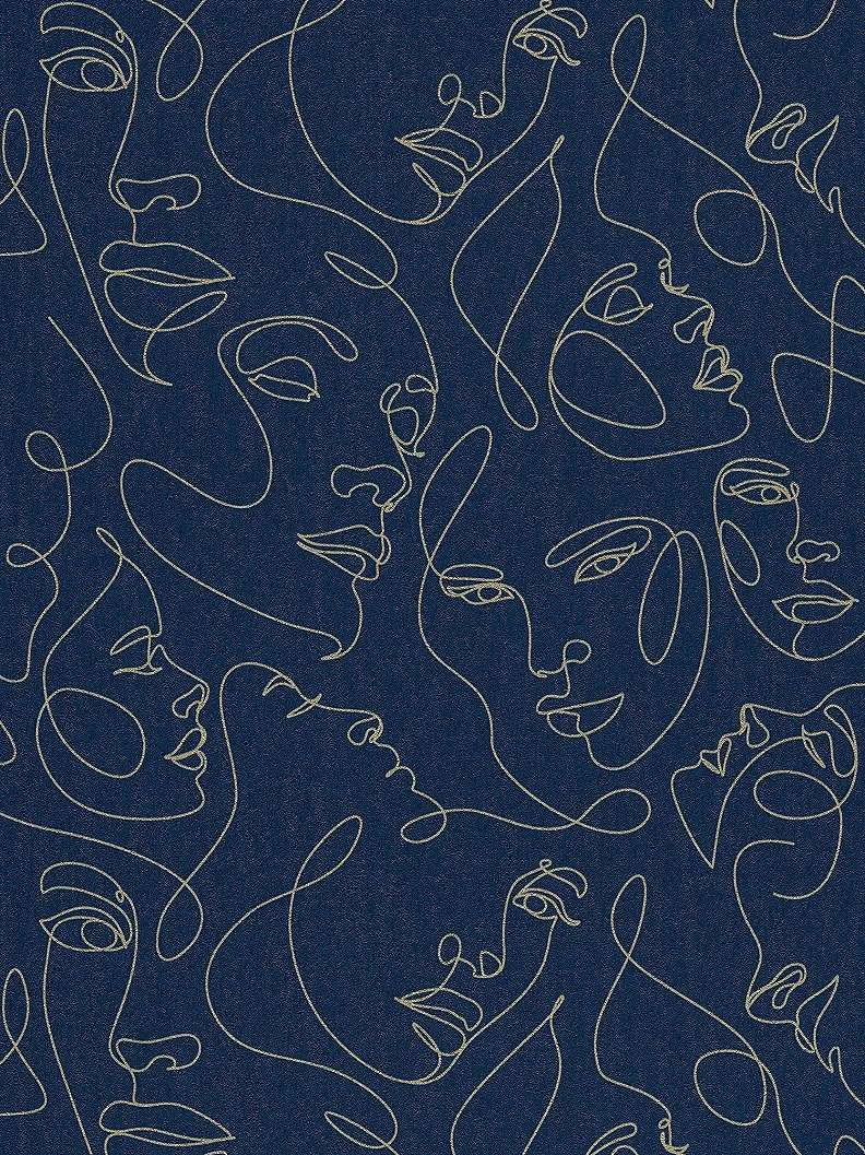 Mosható dekor tapéta rajzolt arc mintával metálos arany és sötétkék színben