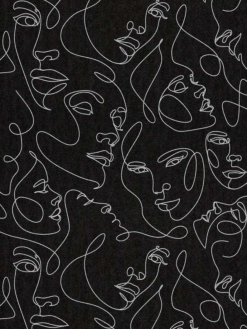 Mosható dekor tapéta rajzolt arc mintával metálos ezüst és fekete színben