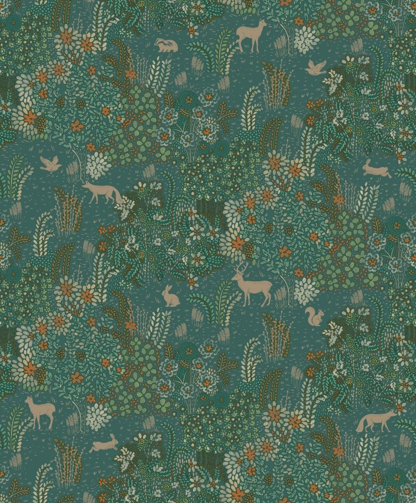 Mosható dekor tapéta smaragdzöld és fényes arany színű virágos rét állatokkal mintával