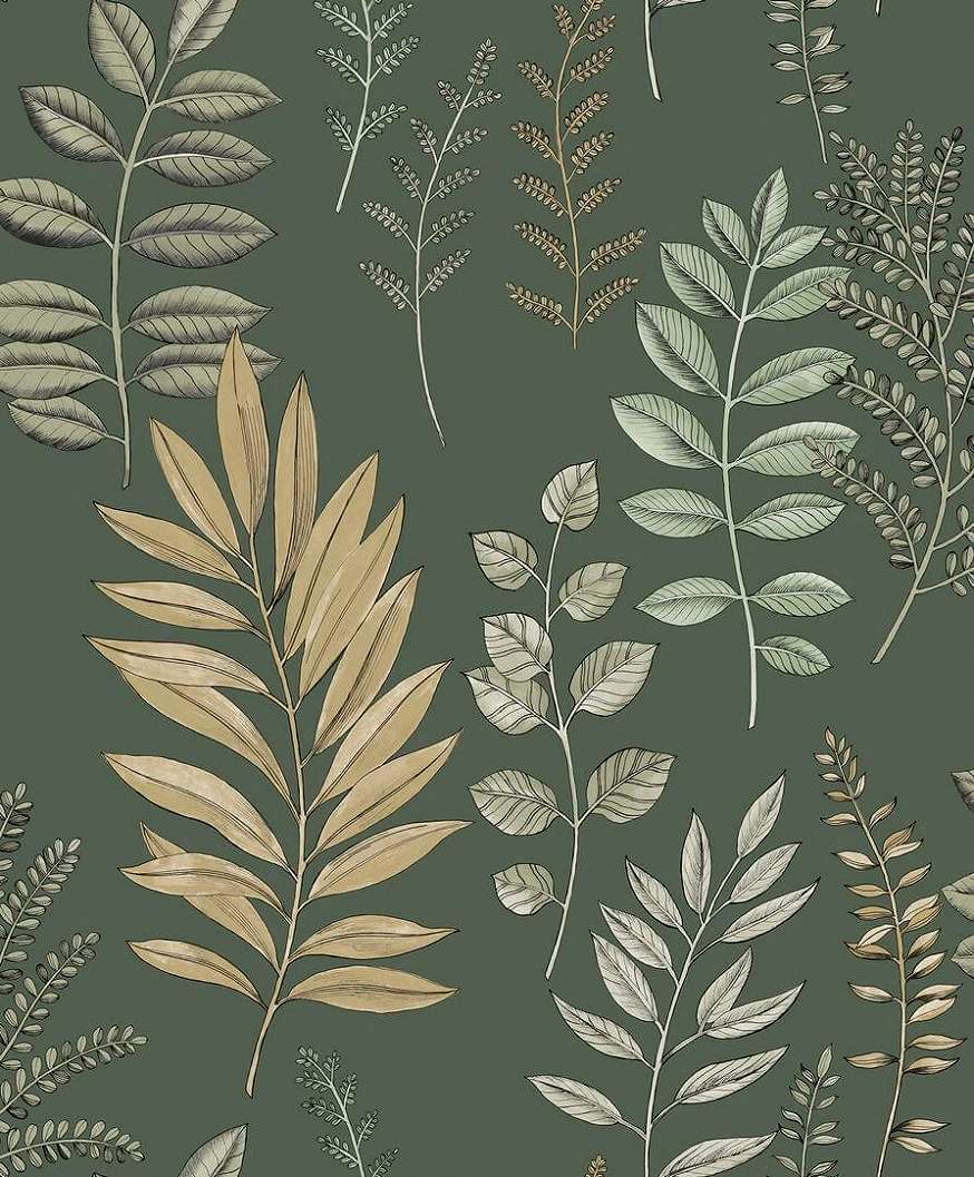 Mosható dekor tapéta sötétzöld hátterű világoszöld és homokbarna színes vertikális levél mintával
