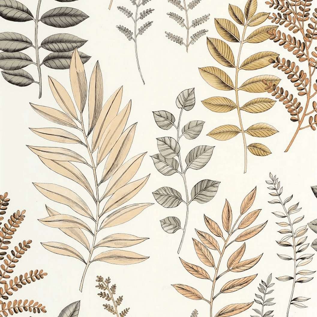 Mosható dekor tapéta törtfehér hátterű barna színes vertikális levél mintával
