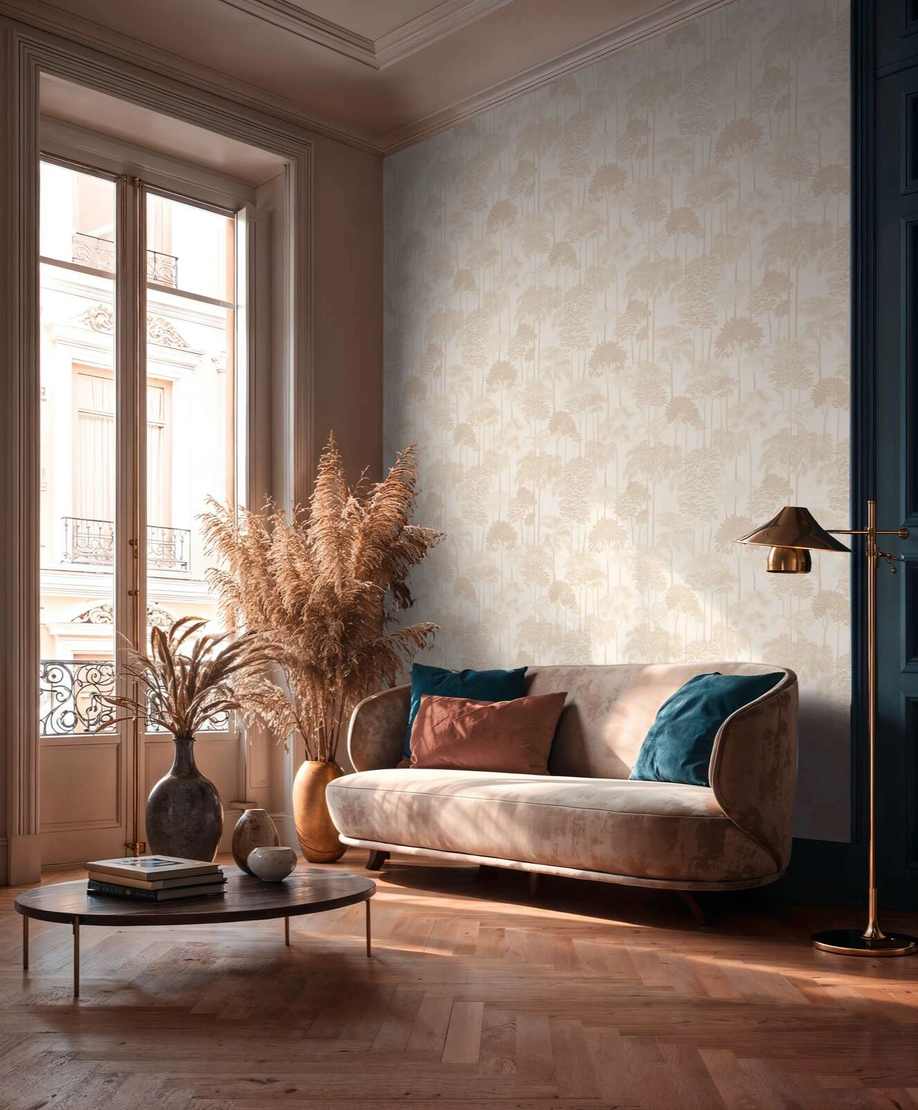 Mosható dekor tapéta trópusi fa mintával fényes beige és krém színben