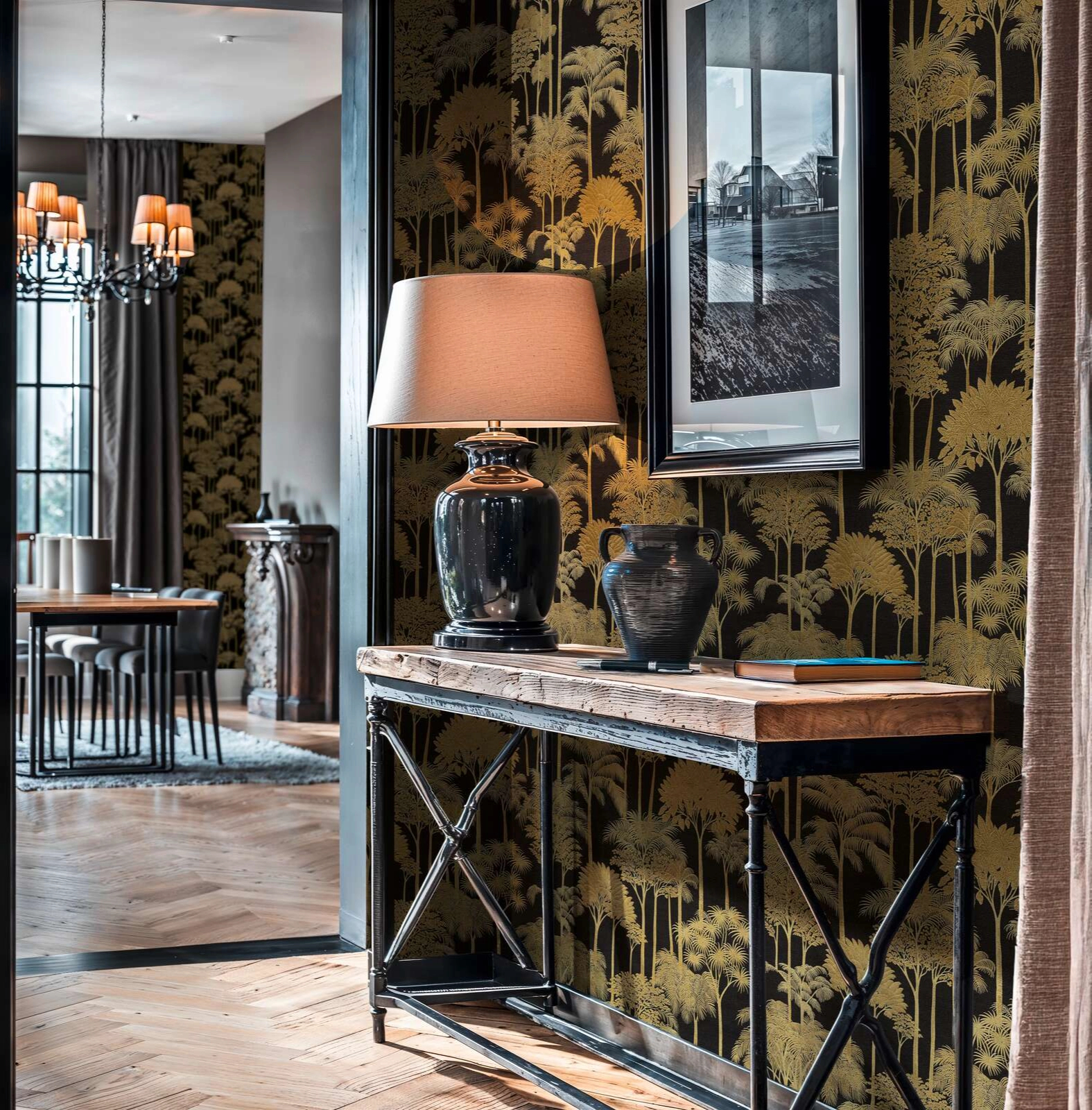 Mosható dekor tapéta trópusi fa mintával metálos arany és fekete színben