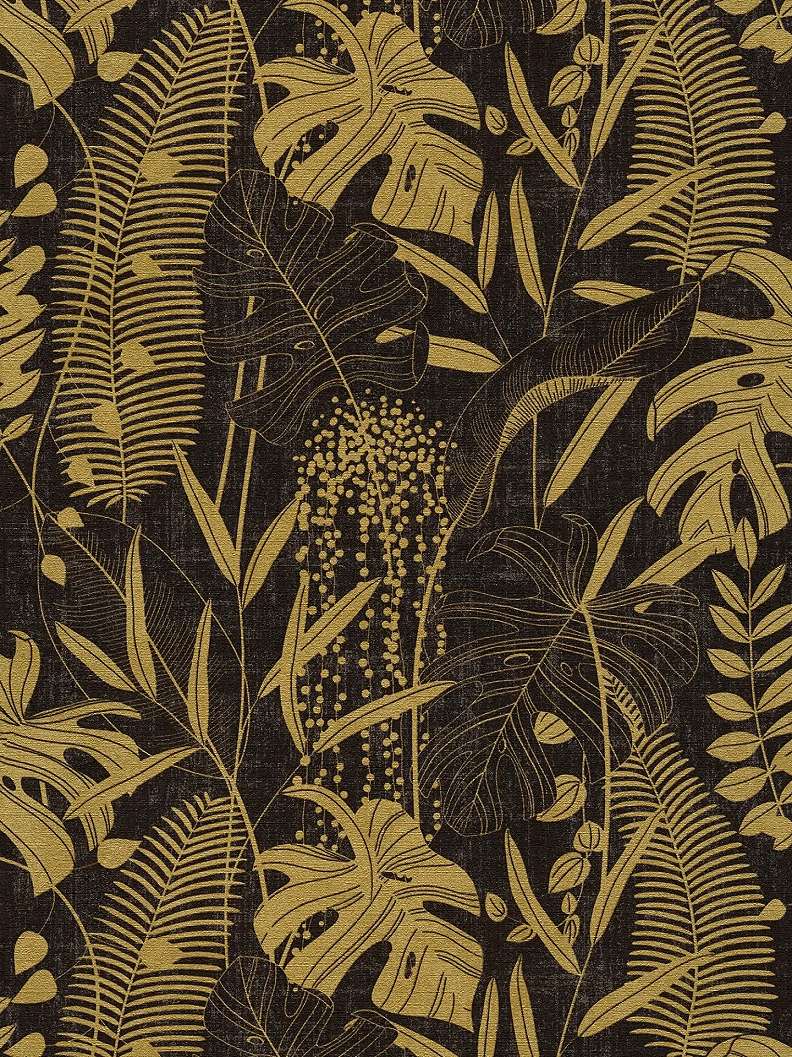Mosható dekor tapéta trópusi levél mintával metálos arany és fekete színben