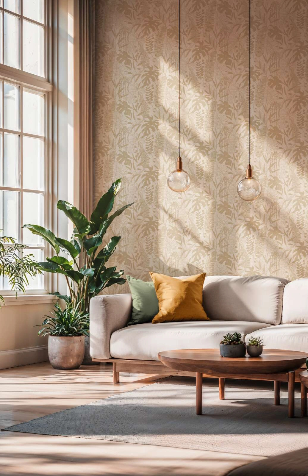 Mosható dekor tapéta trópusi levél mintával metálos beige és krém színben