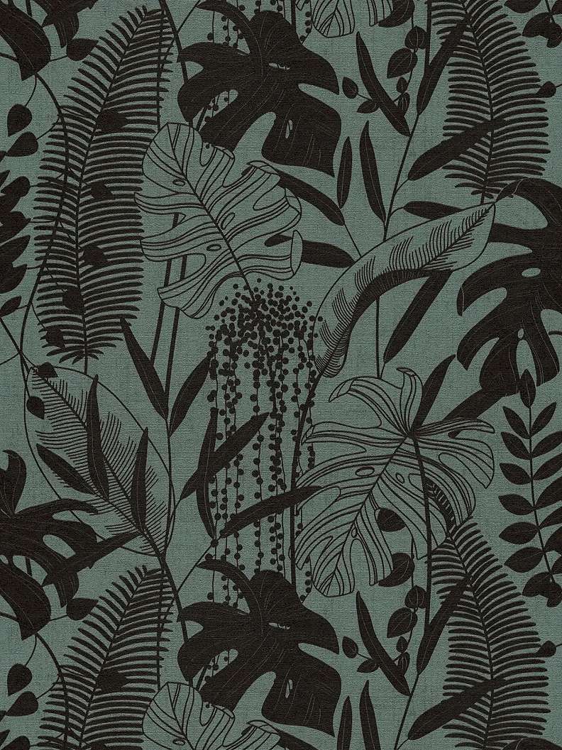Mosható dekor tapéta trópusi levél mintával metálos fekete és zöld színben