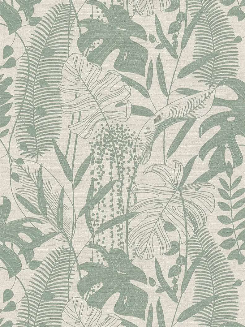 Mosható dekor tapéta trópusi levél mintával metálos kacsatojáskék és krém színben