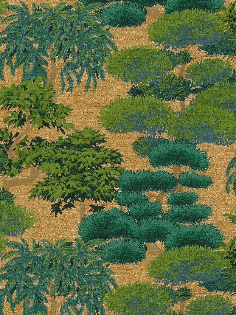 Mosható dekor tapéta trópusi színes fa mintával élénk színben metálos arany háttéren