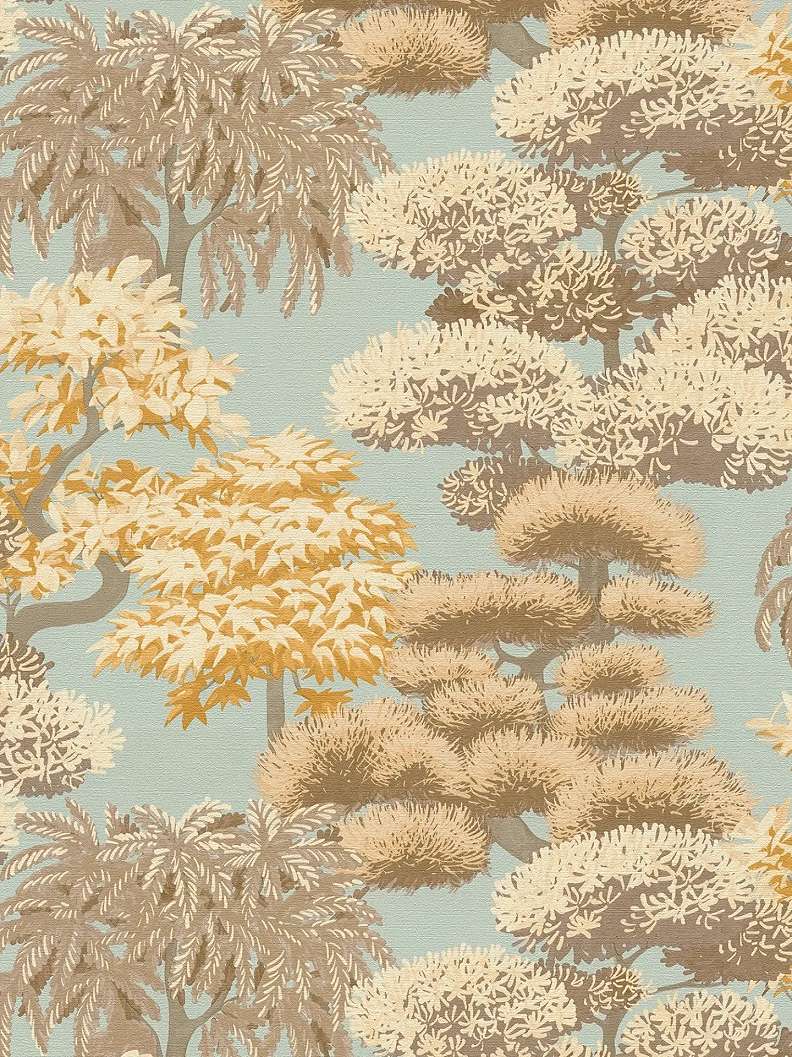 Mosható dekor tapéta trópusi színes fa mintával narancs és barna színben kacsatojáskék háttéren