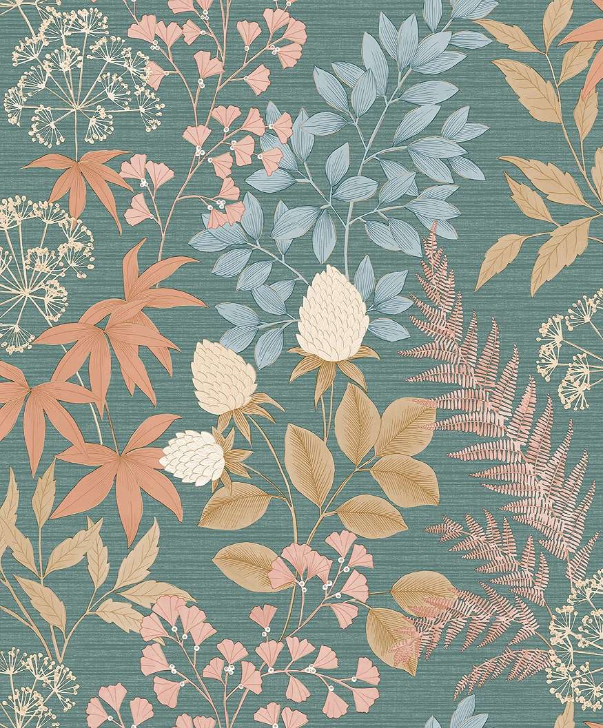 Mosható dekor tapéta türkizzöld és barna színű kerti virág mintával