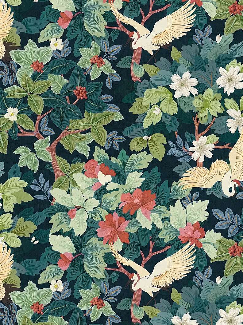 Mosható dekor tapéta virágzó fa és madár mintával zöld és piros színben