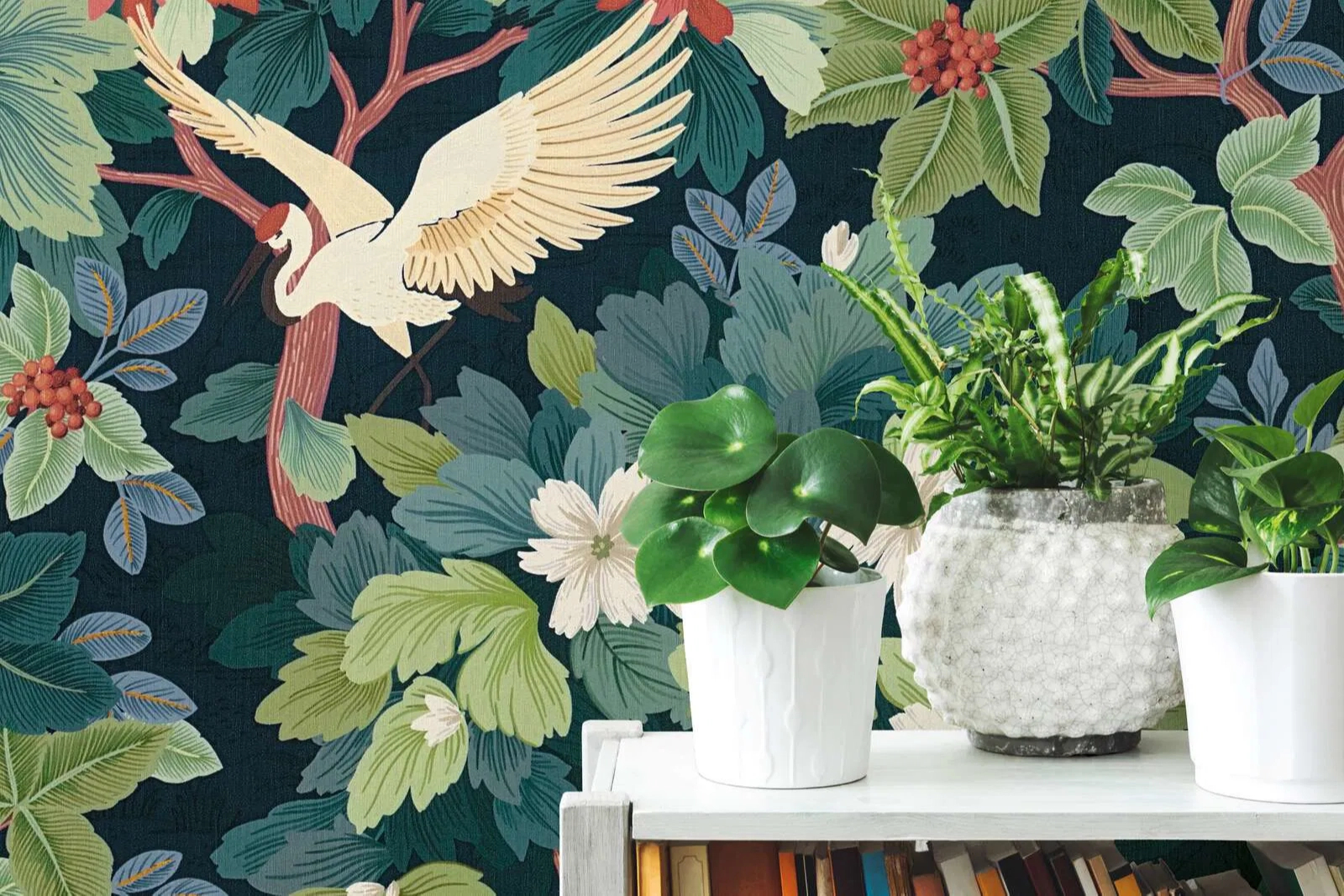 Mosható dekor tapéta virágzó fa és madár mintával zöld és piros színben