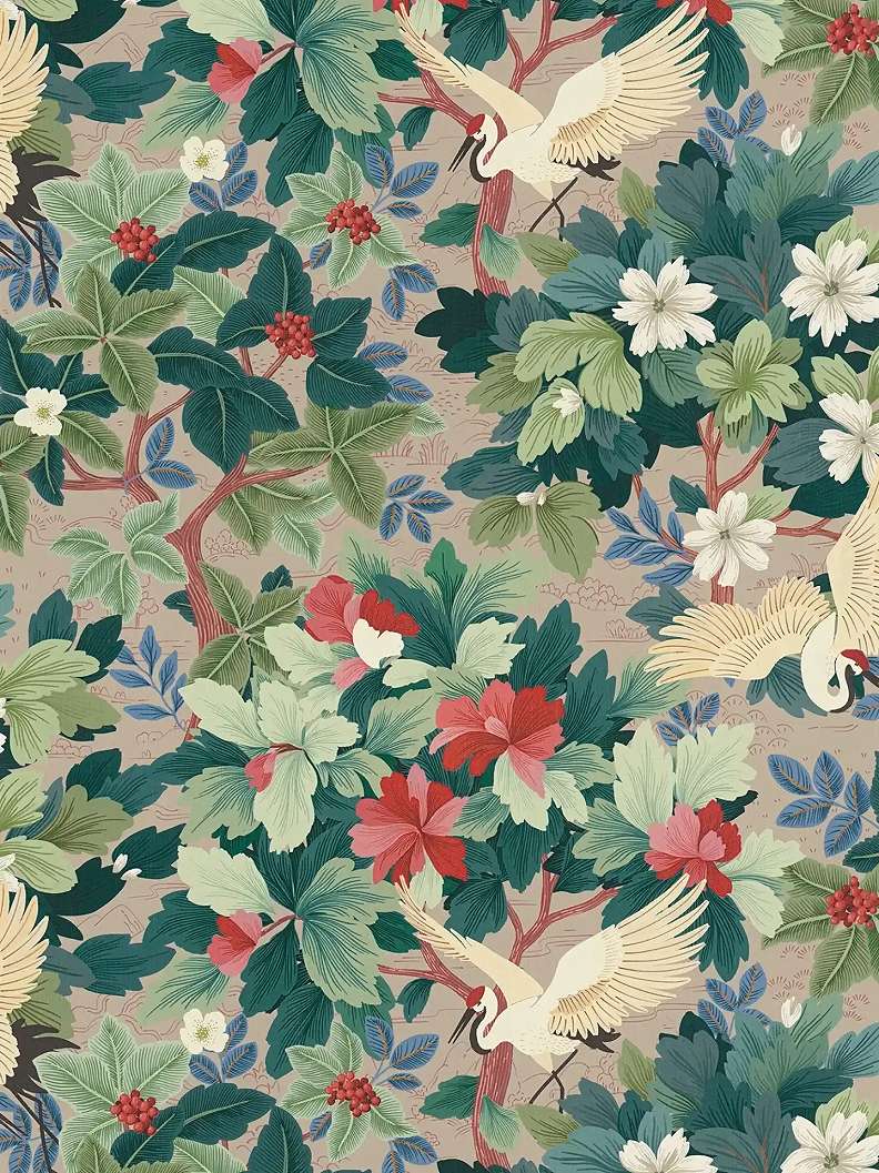Mosható dekor tapéta virágzó fa és madár mintával zöld és piros színben beige háttéren