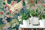 Mosható dekor tapéta virágzó fa és madár mintával zöld és piros színben beige háttéren