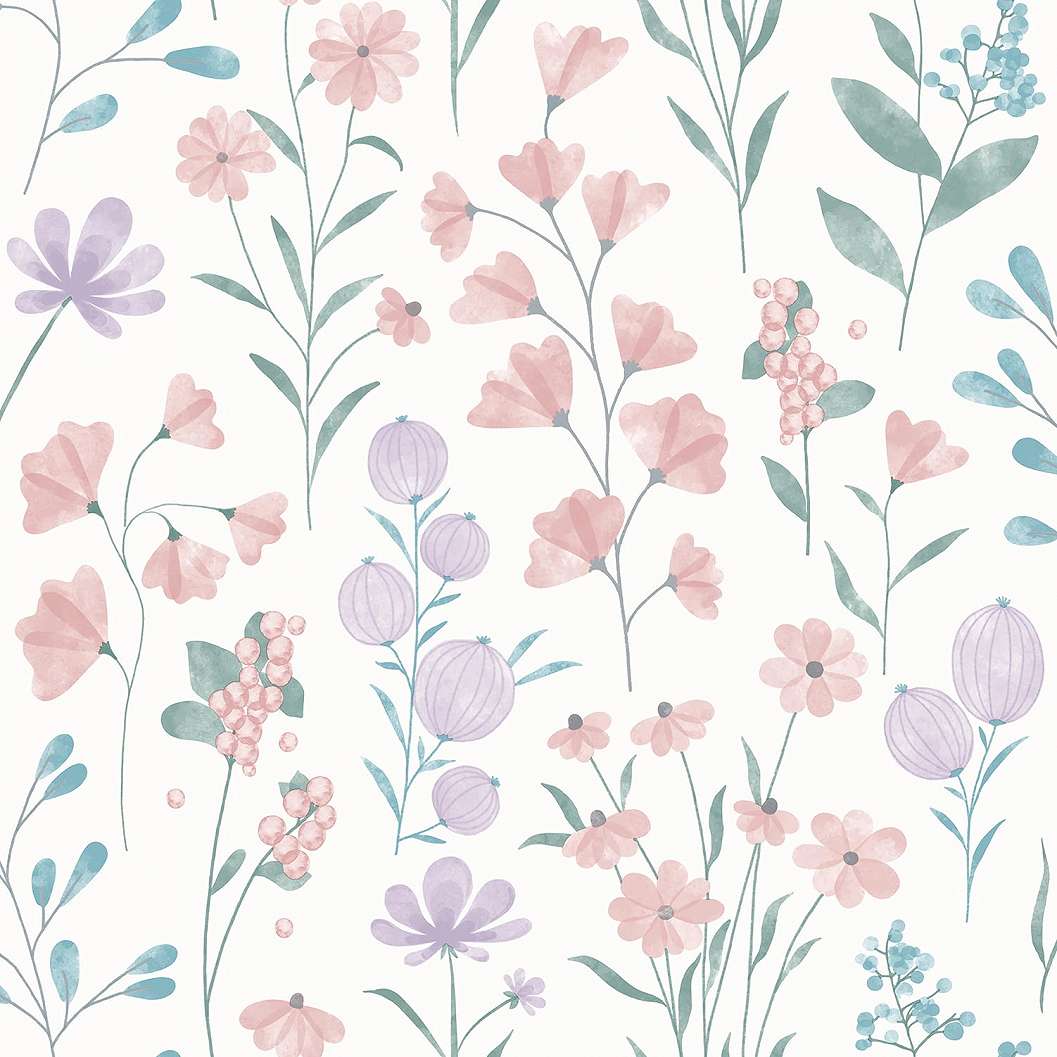 Mosható dekor tapéta zöld és lila színű mezei virág mintával