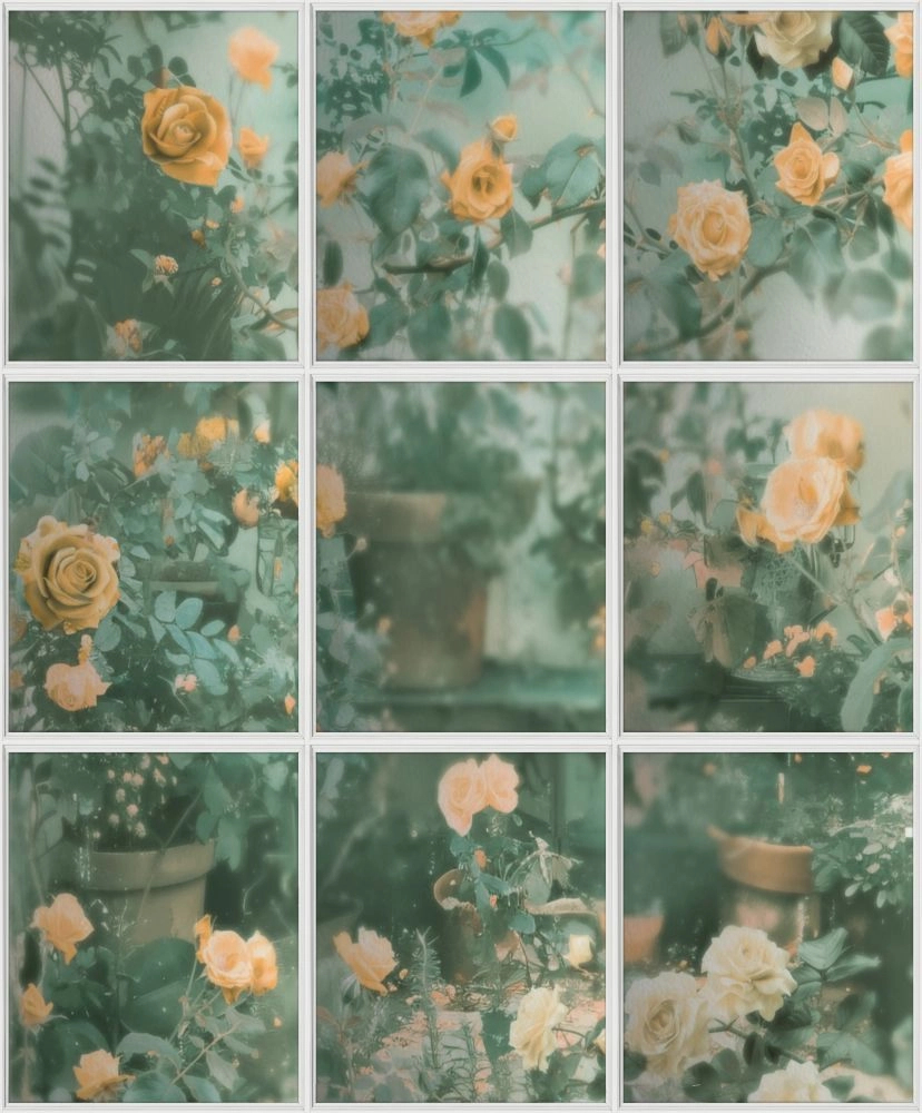 Mosható dekor tapéta zöld leveles barack színű rózsakert ablakkerettes mintával