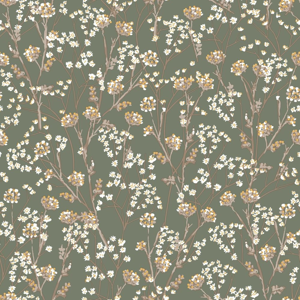 Mosható dekor tapéta zsályazöld, sárga fényes gyöngyház színű virágzó fa mintával
