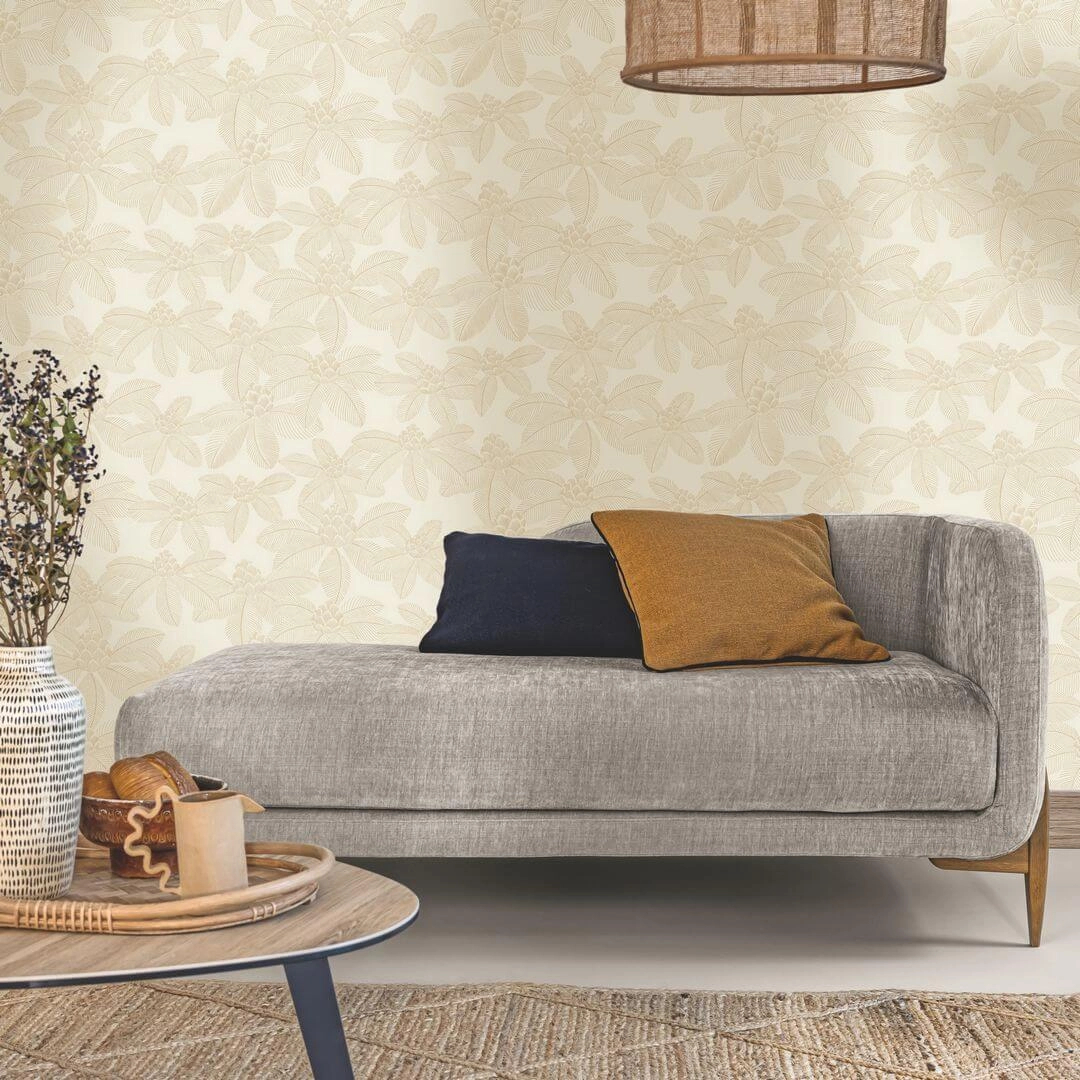 Mosható dekortapéta beige színű zárt lótusz virág és levél mintával.