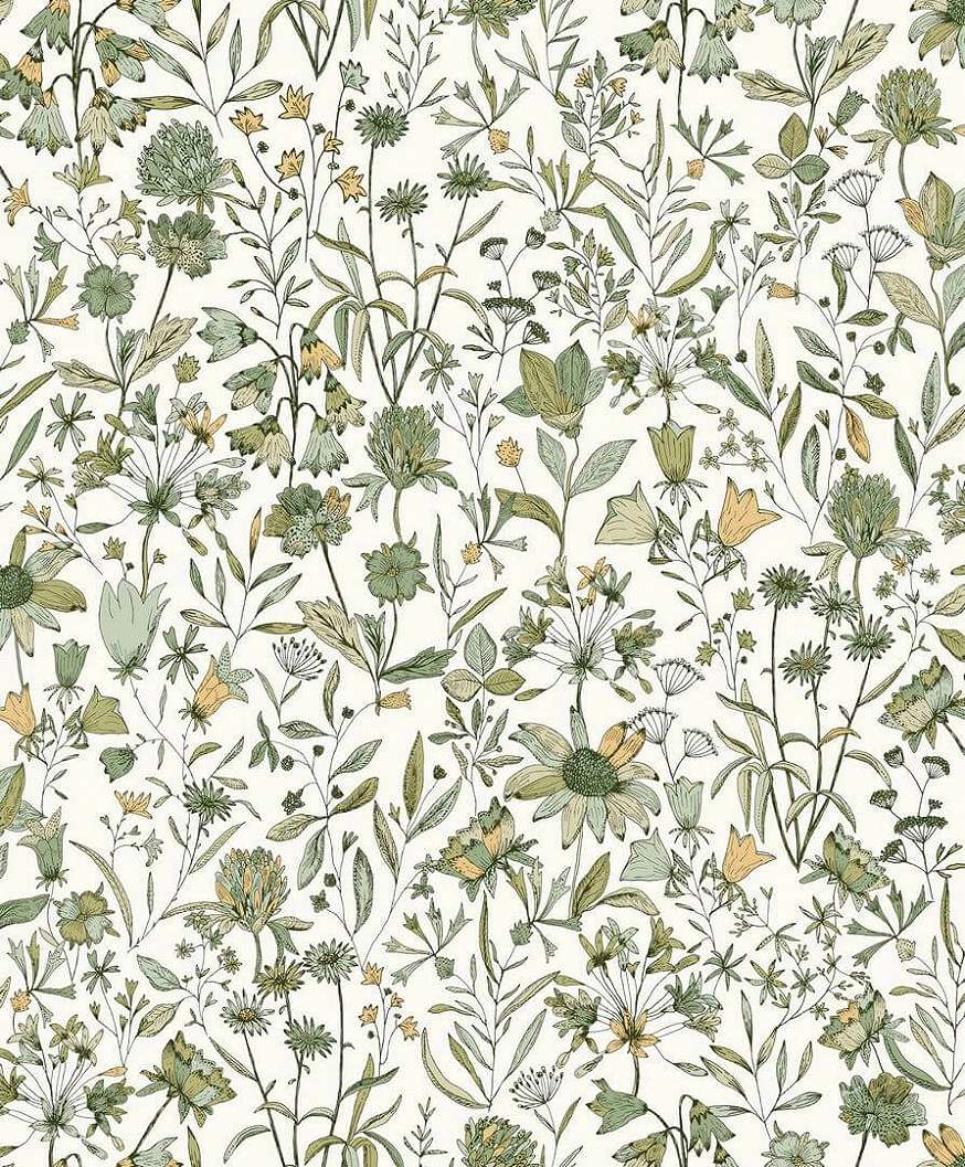 Mosható dekortapéta fametszet hatású mezei virágmintával fehér és zöld színben