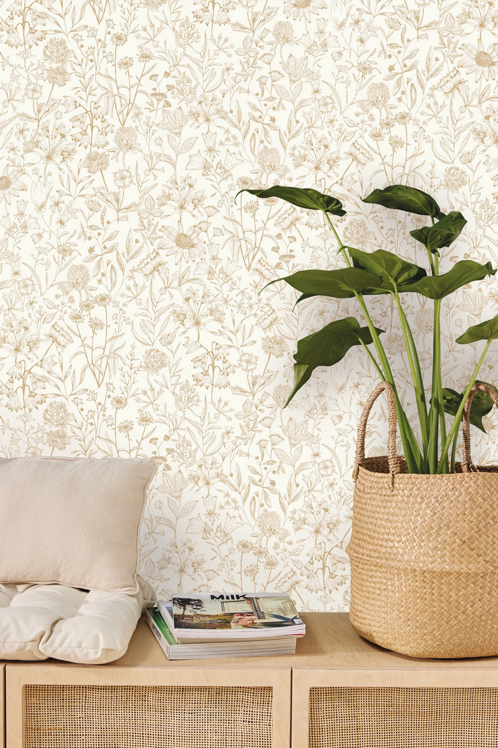Mosható dekortapéta fametszet hatású mezei virágmintával krém és beige színben