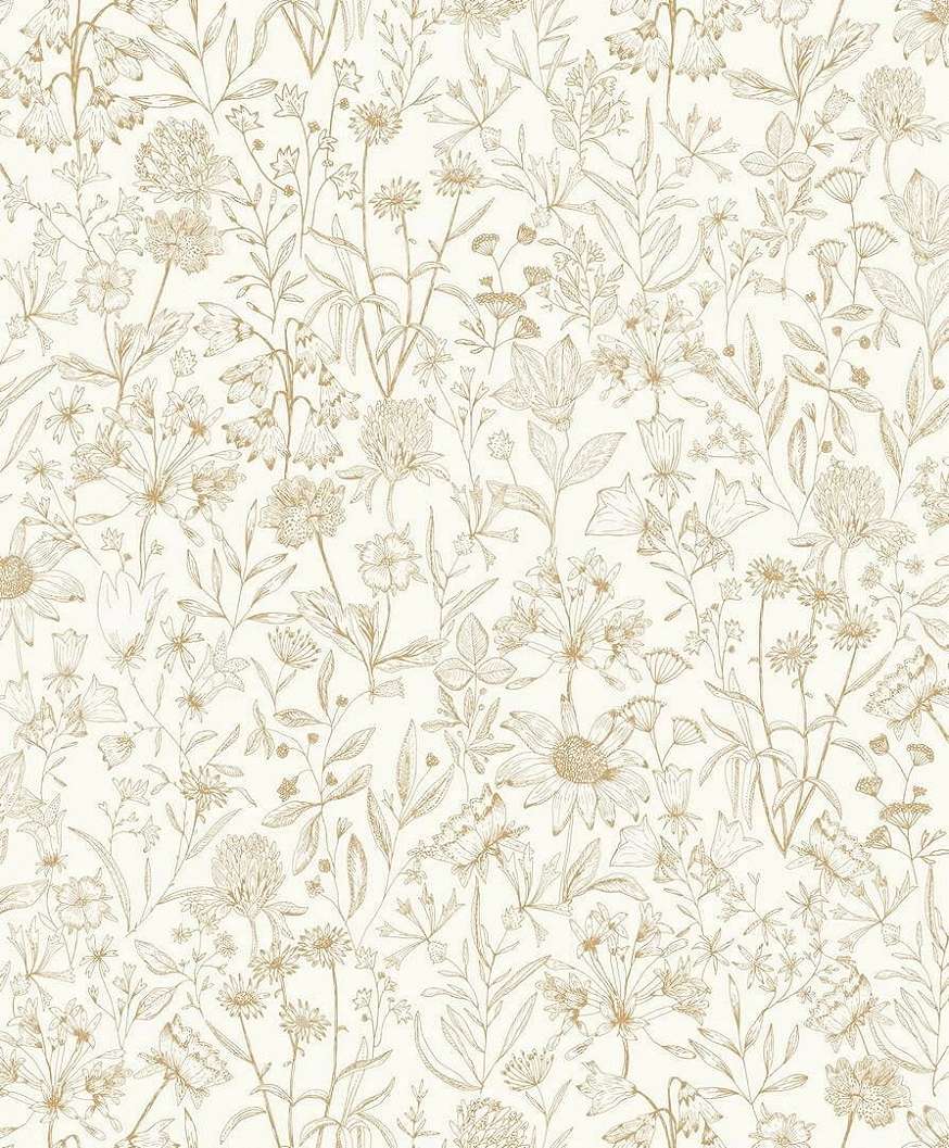 Mosható dekortapéta fametszet hatású mezei virágmintával krém és beige színben