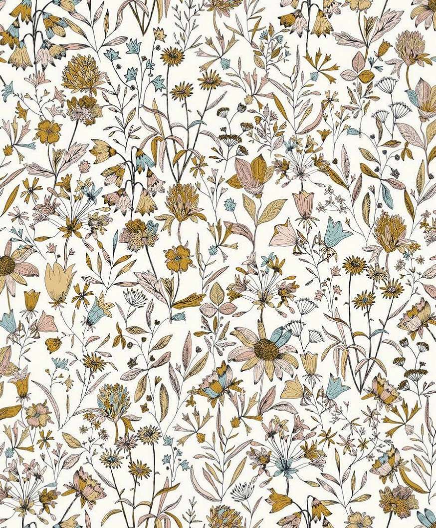Mosható dekortapéta fametszet hatású mezei virágmintával krém színű színes virágokkal