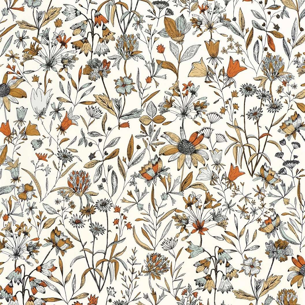 Mosható dekortapéta fametszet hatású mezei virágmintával törtfehér, fekete és narancs színben