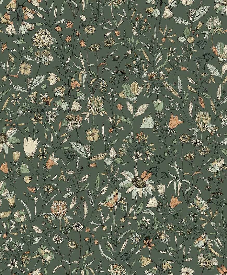 Mosható dekortapéta fametszet hatású sötétzöld hátterű sokszínű mezei virág mintával