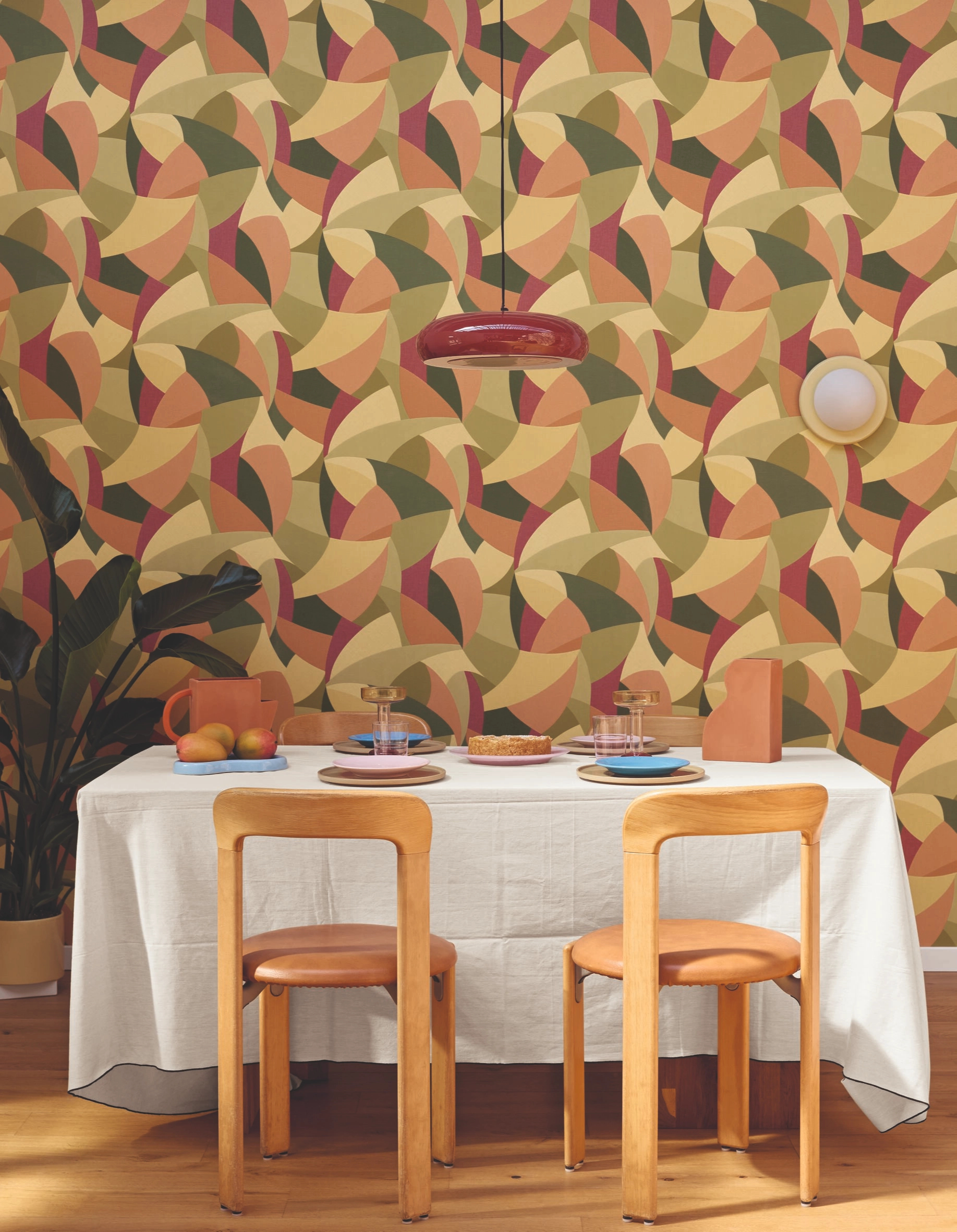 Mosható design tapéta geometriai foltos mintával vidám, narancs összhatású színekben