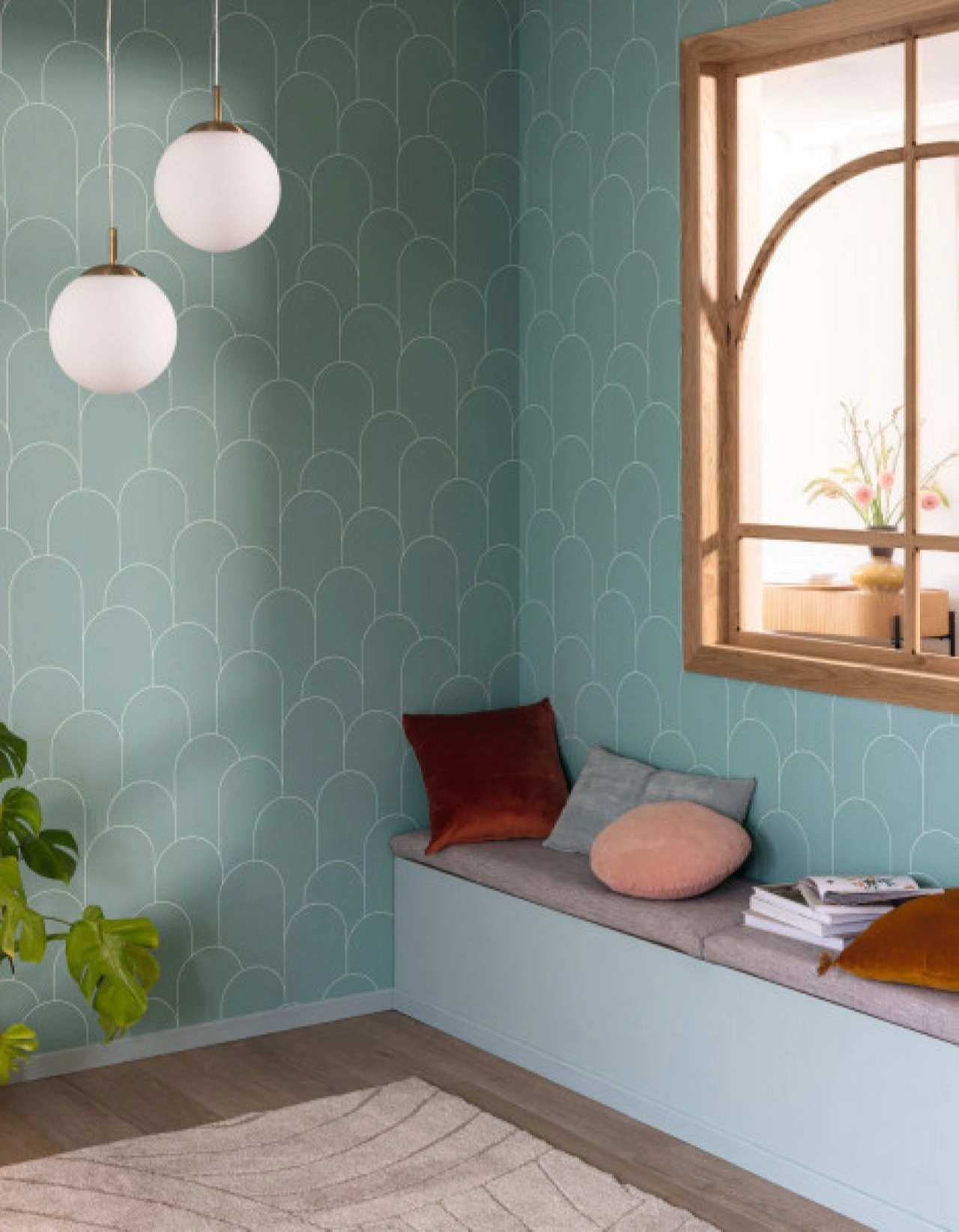 Mosható design tapéta geometrikus mintával szürkészöld és fehér színben Art Deco stílushoz