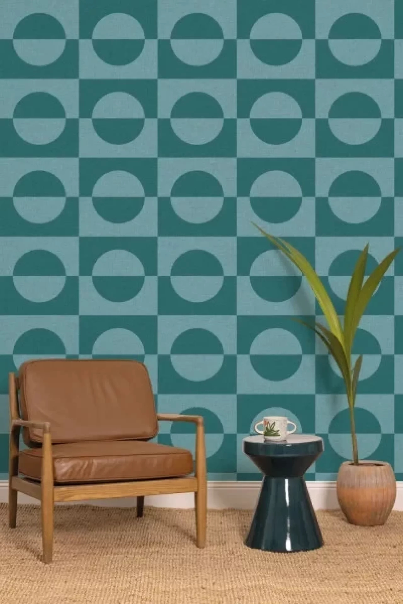 Mosható design tapéta kör és négyzet mintával türkizkék színben