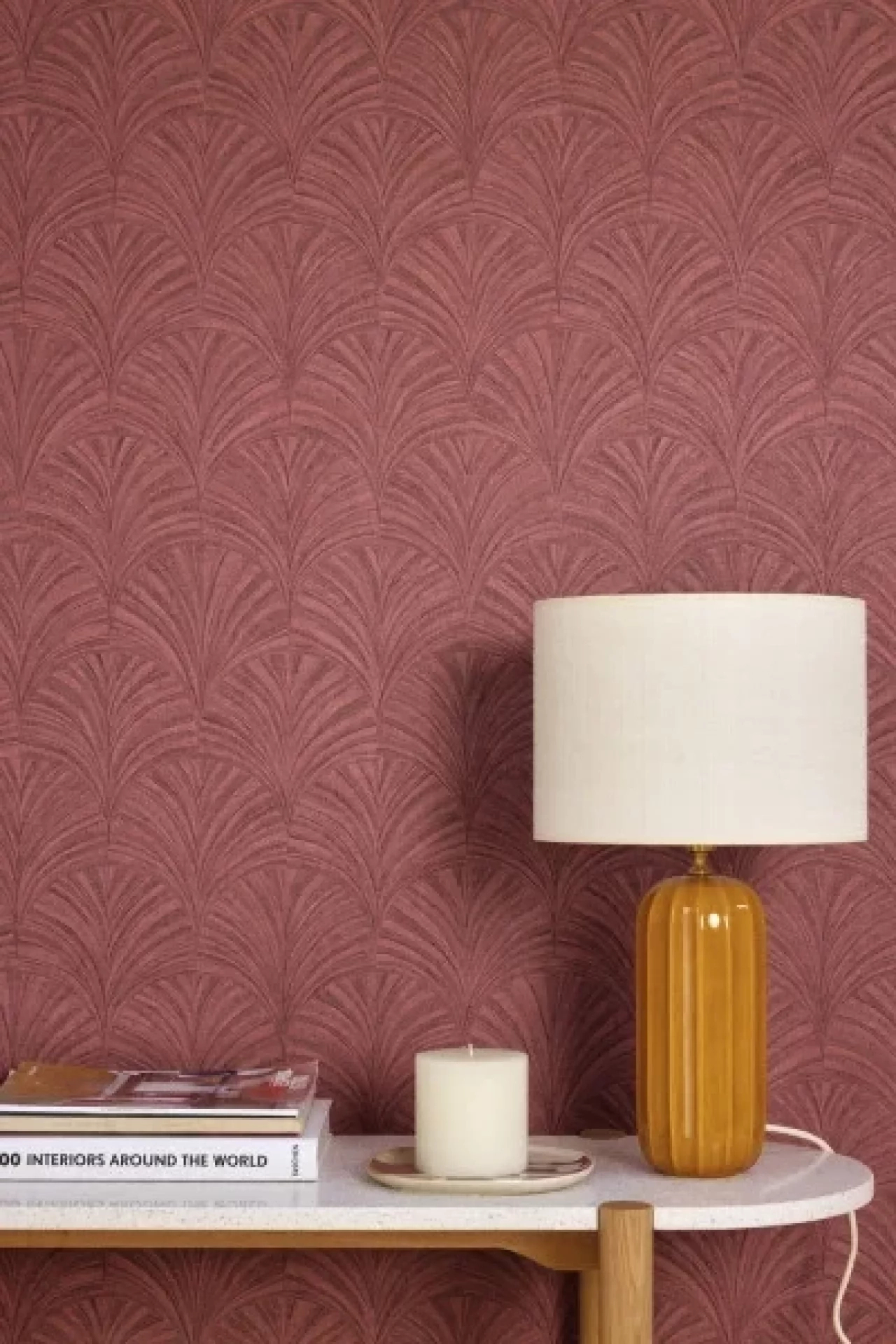 Mosható design tapéta legyező mintával bordó színben