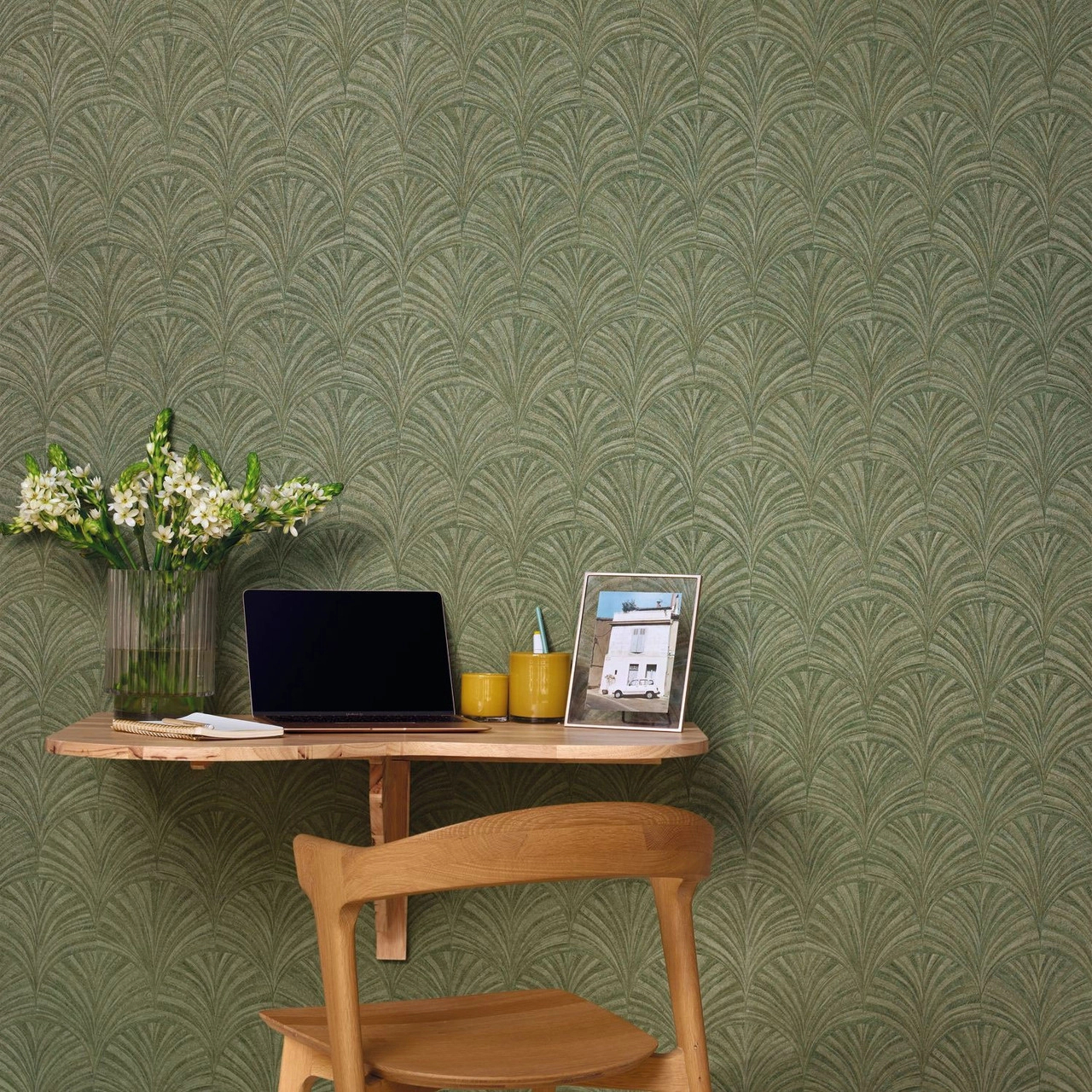 Mosható design tapéta legyező mintával zöld színben