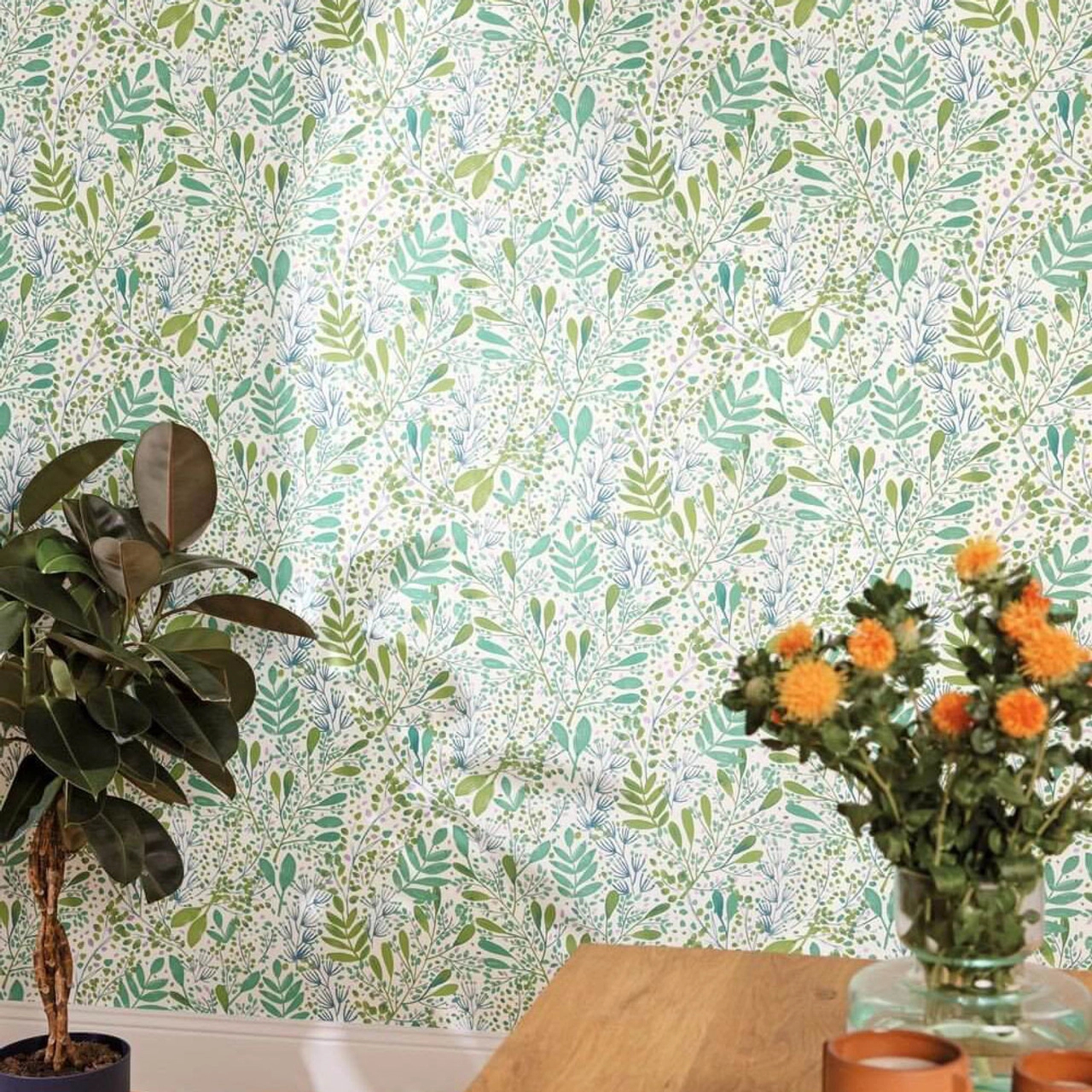 Mosható design tapéta levél mintával zöld, kék és lila színben