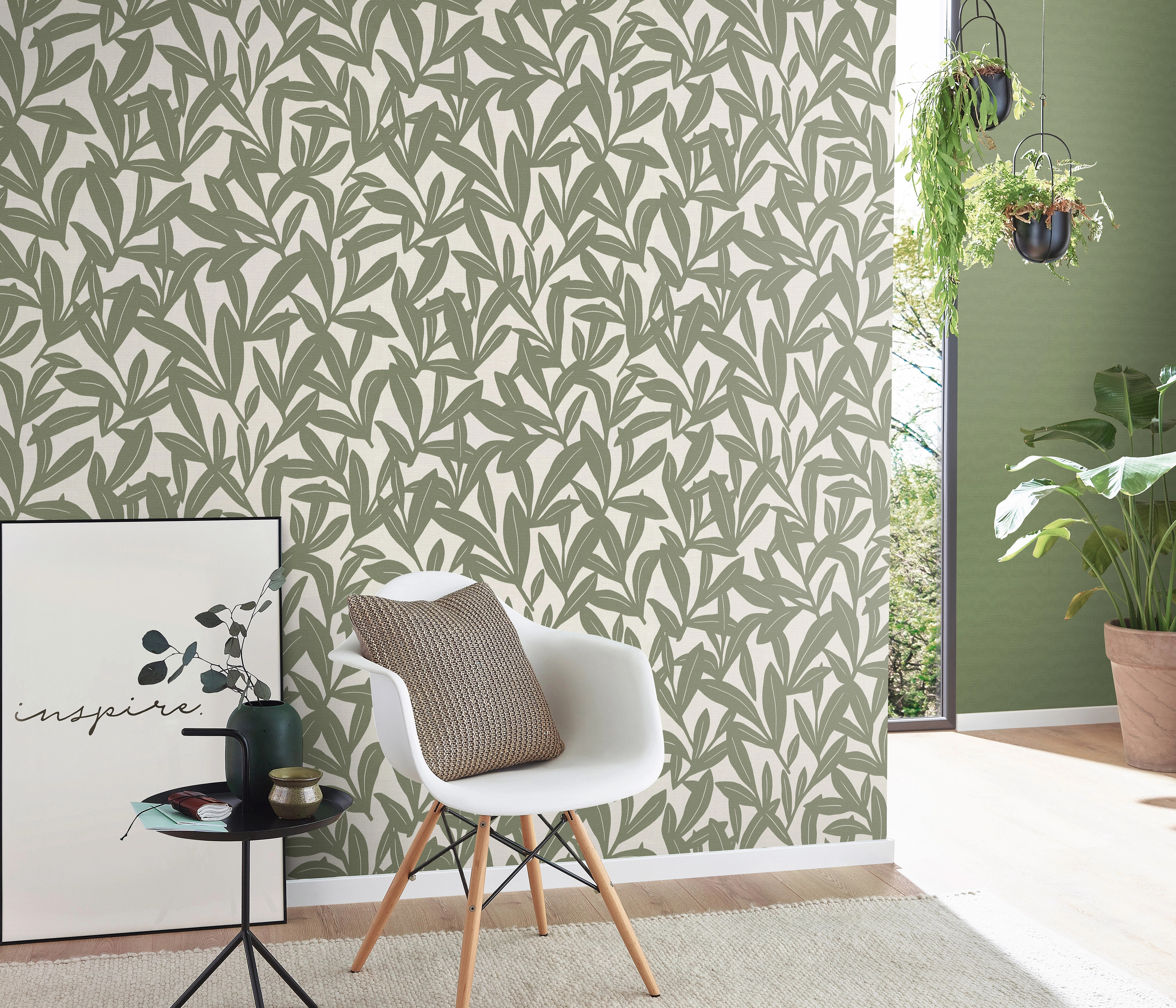 Mosható design tapéta levél mintával zöld színben