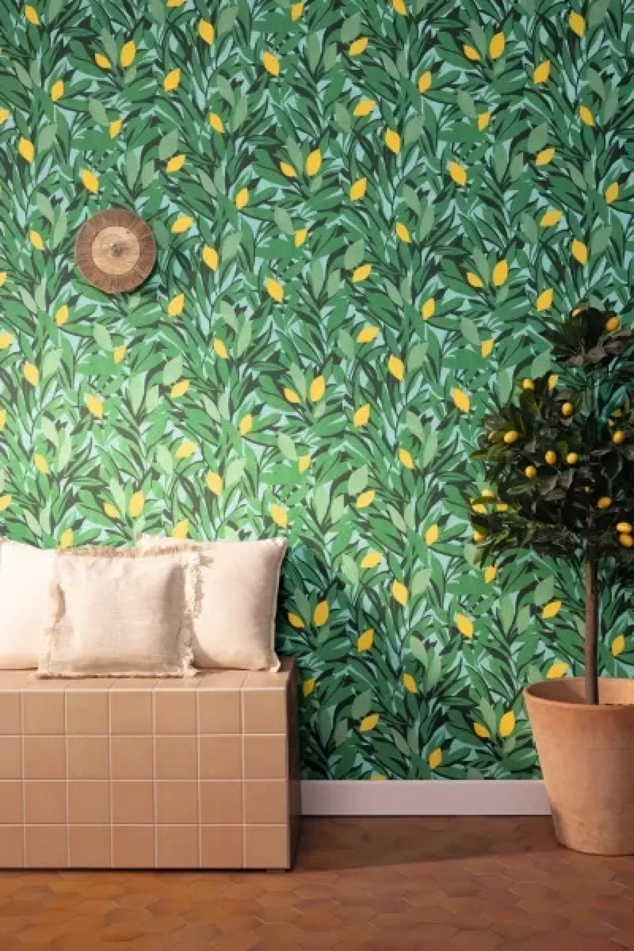 Mosható design tapéta ribizlivirág mintával smaragdzöld és sárga színben