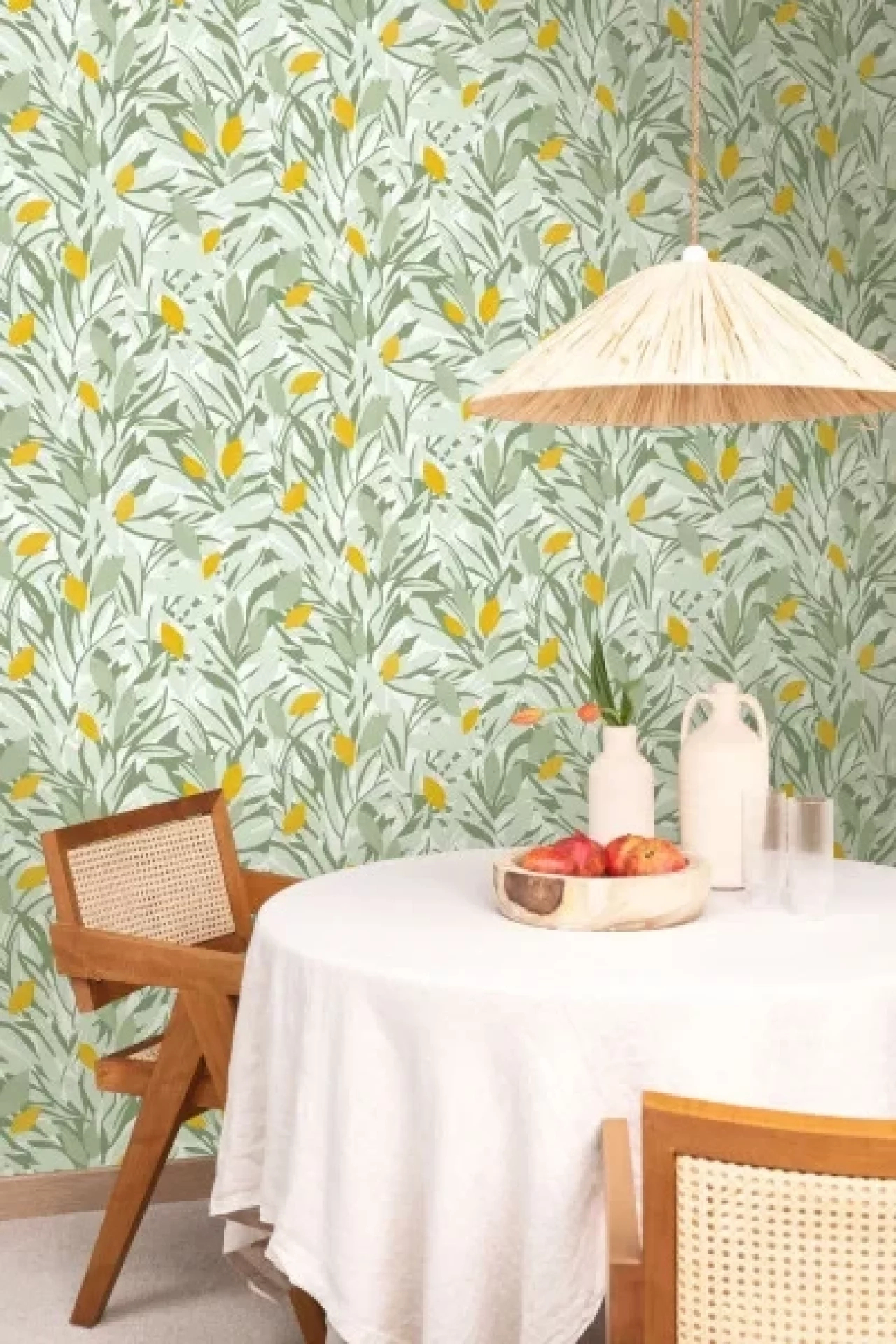 Mosható design tapéta ribizlivirág mintával zöld és narancssárga színben