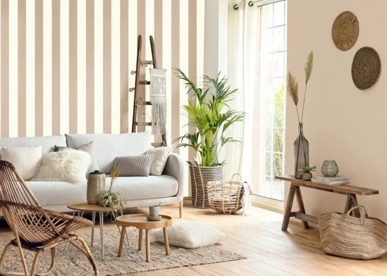 Mosható design tapéta széles csíkos mintás tóp és krém színben