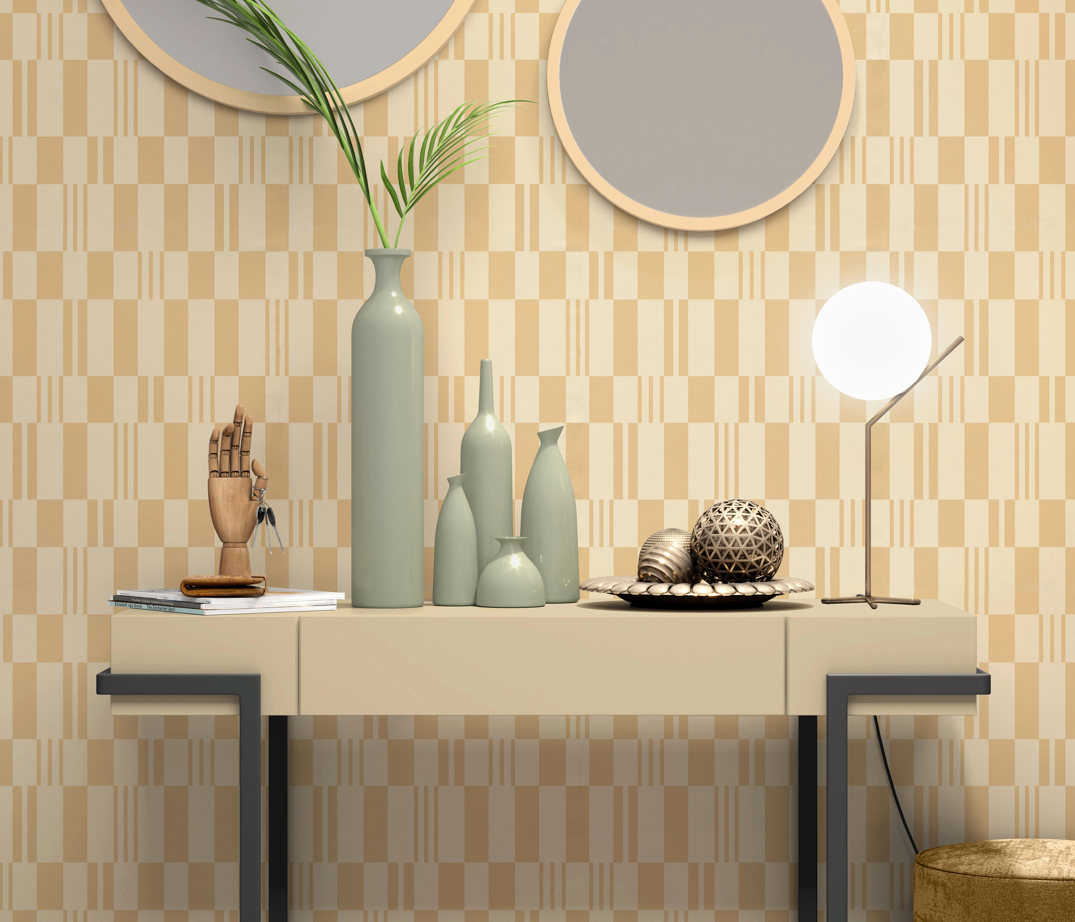 Mosható design tapéta téglalap mintával beige színben