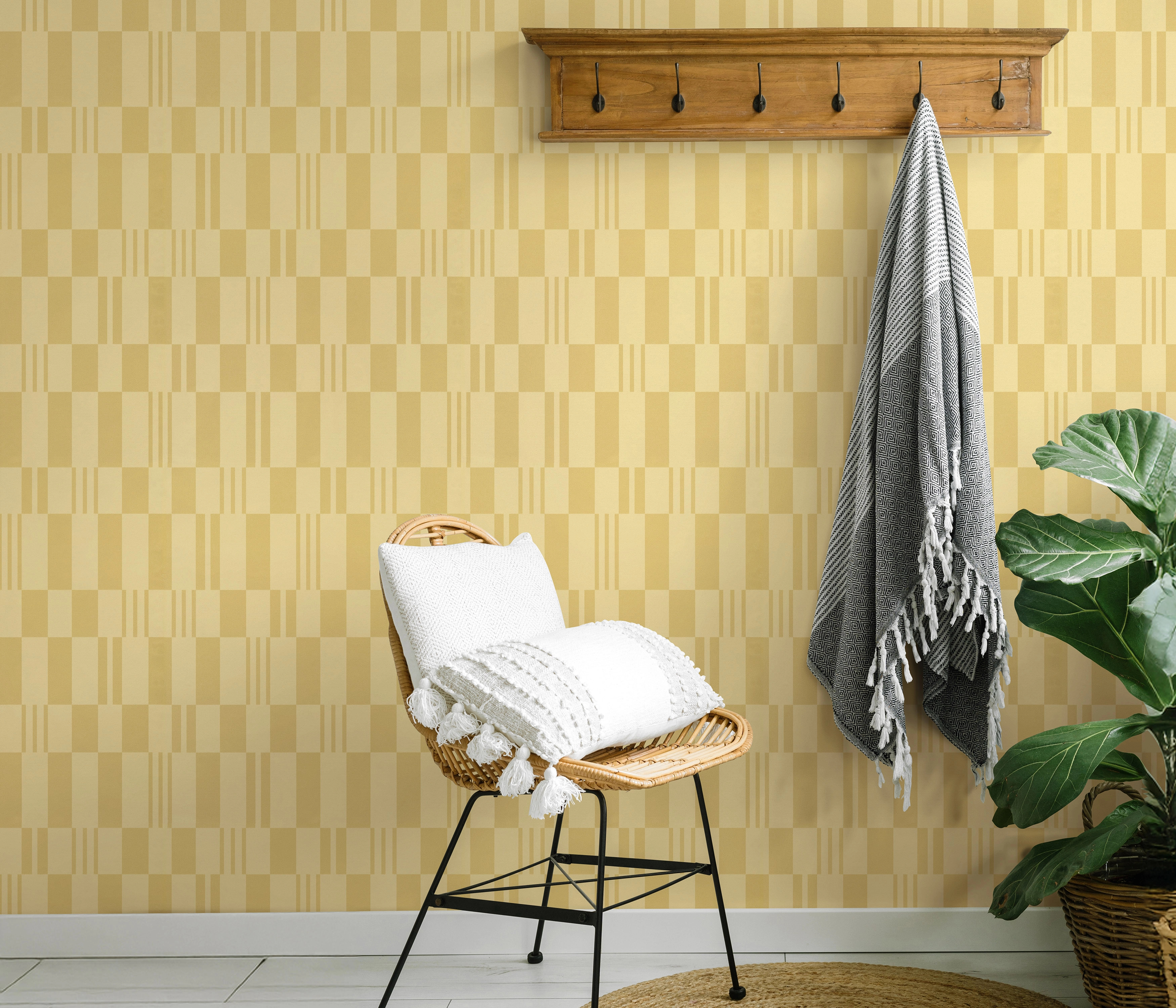 Mosható design tapéta téglalap mintával sárga színben