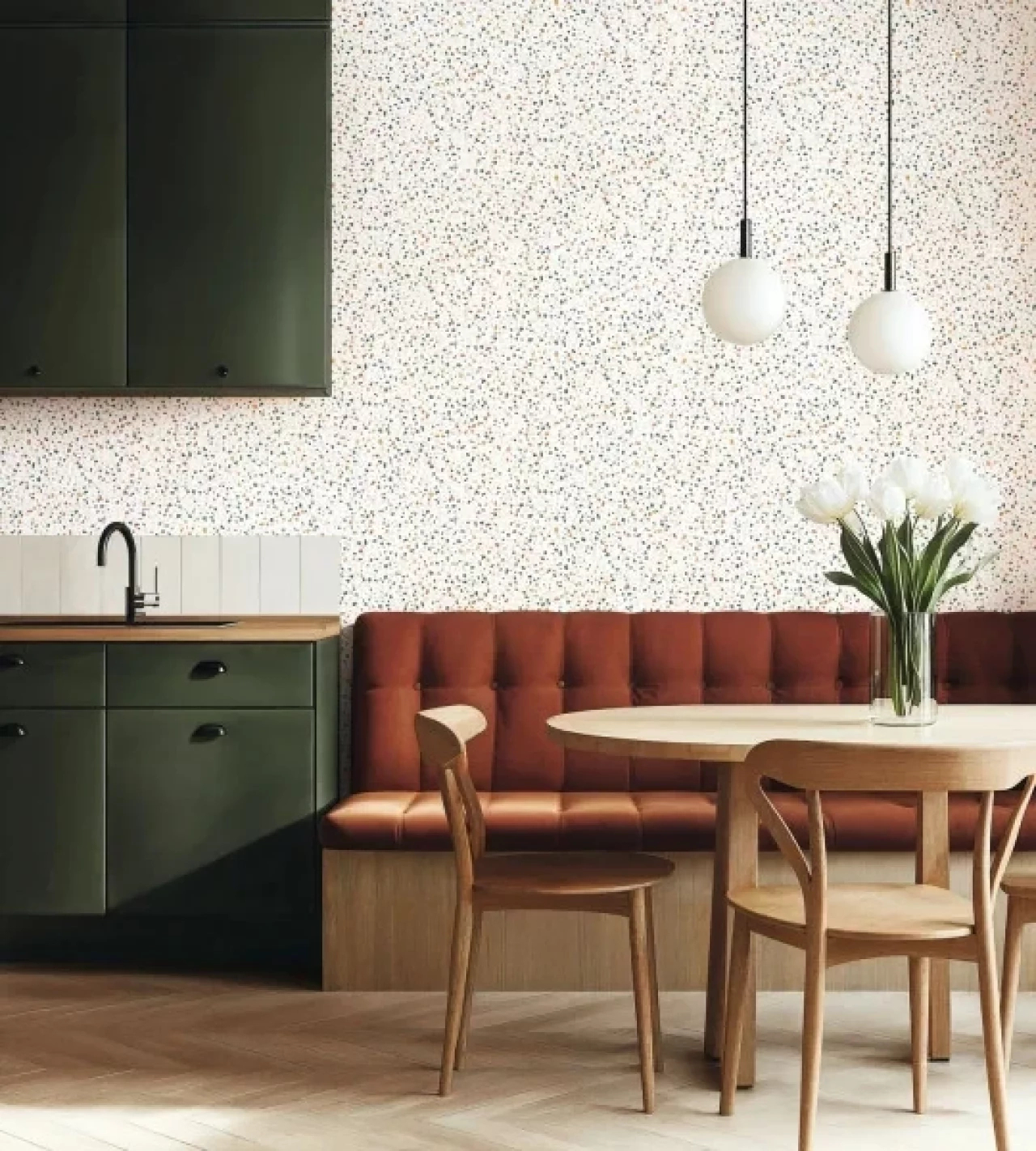 Mosható design tapéta terrazzo minta zöld és barna színben