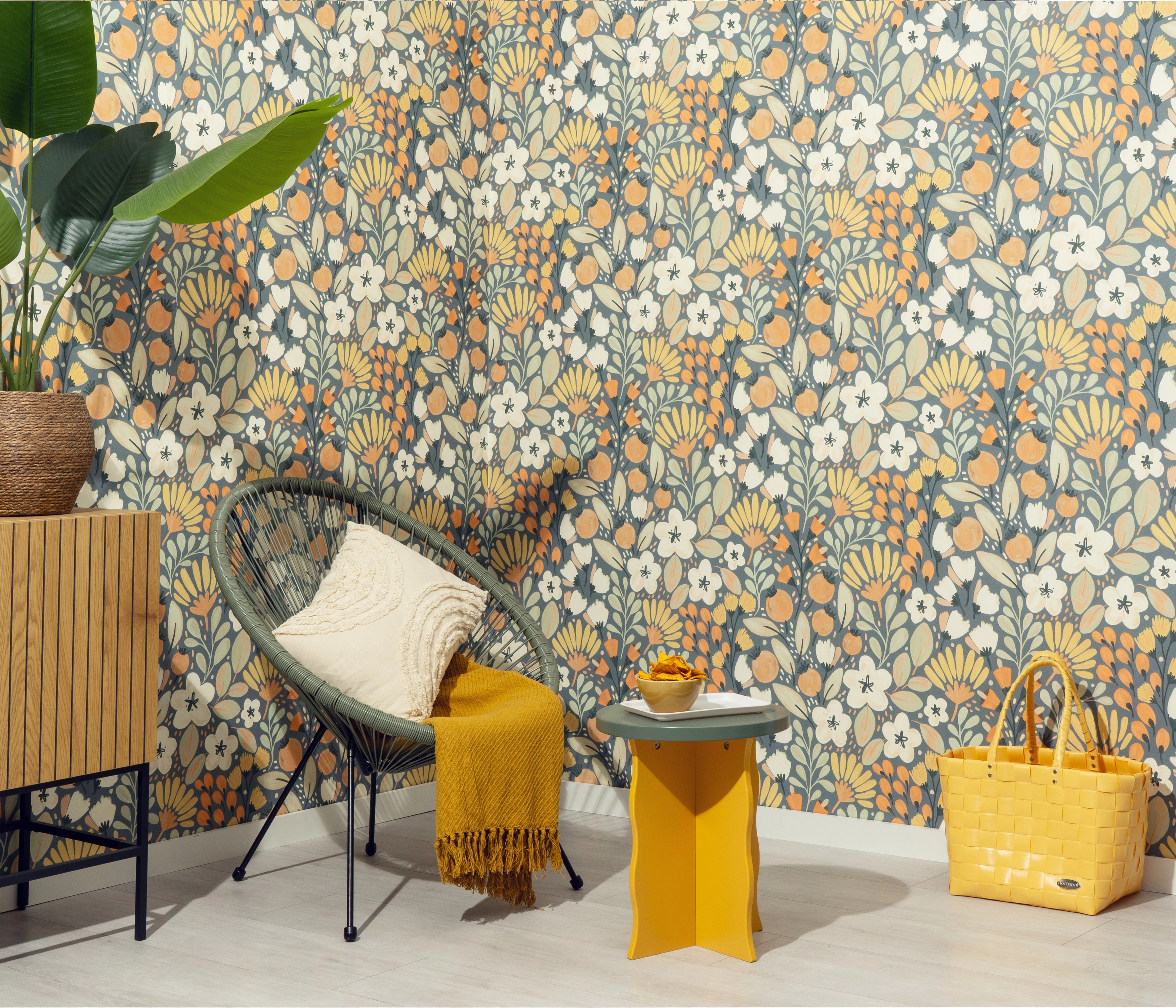 Mosható design tapéta virág mintával narancssárga színben