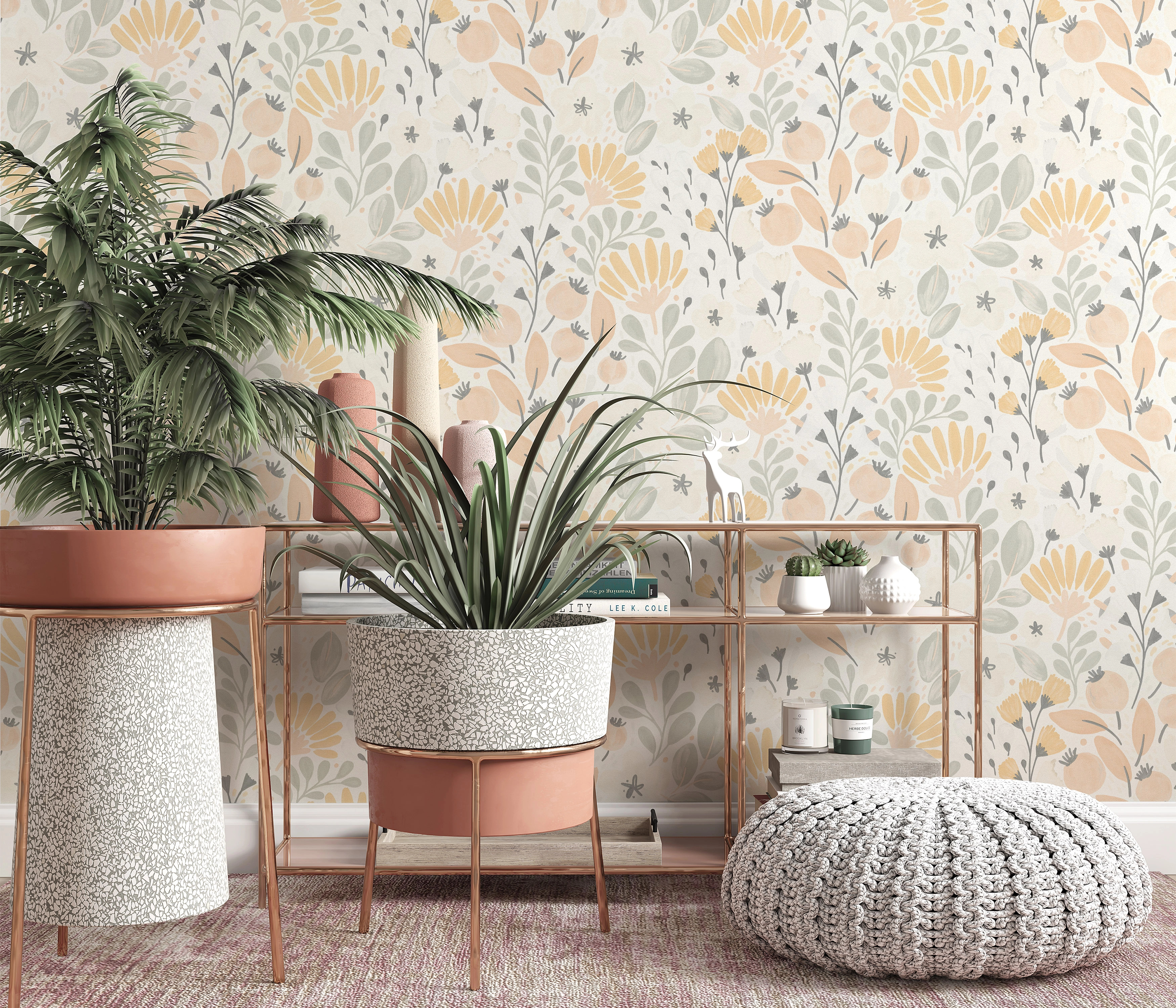 Mosható design tapéta virág mintával pasztell sárga színben