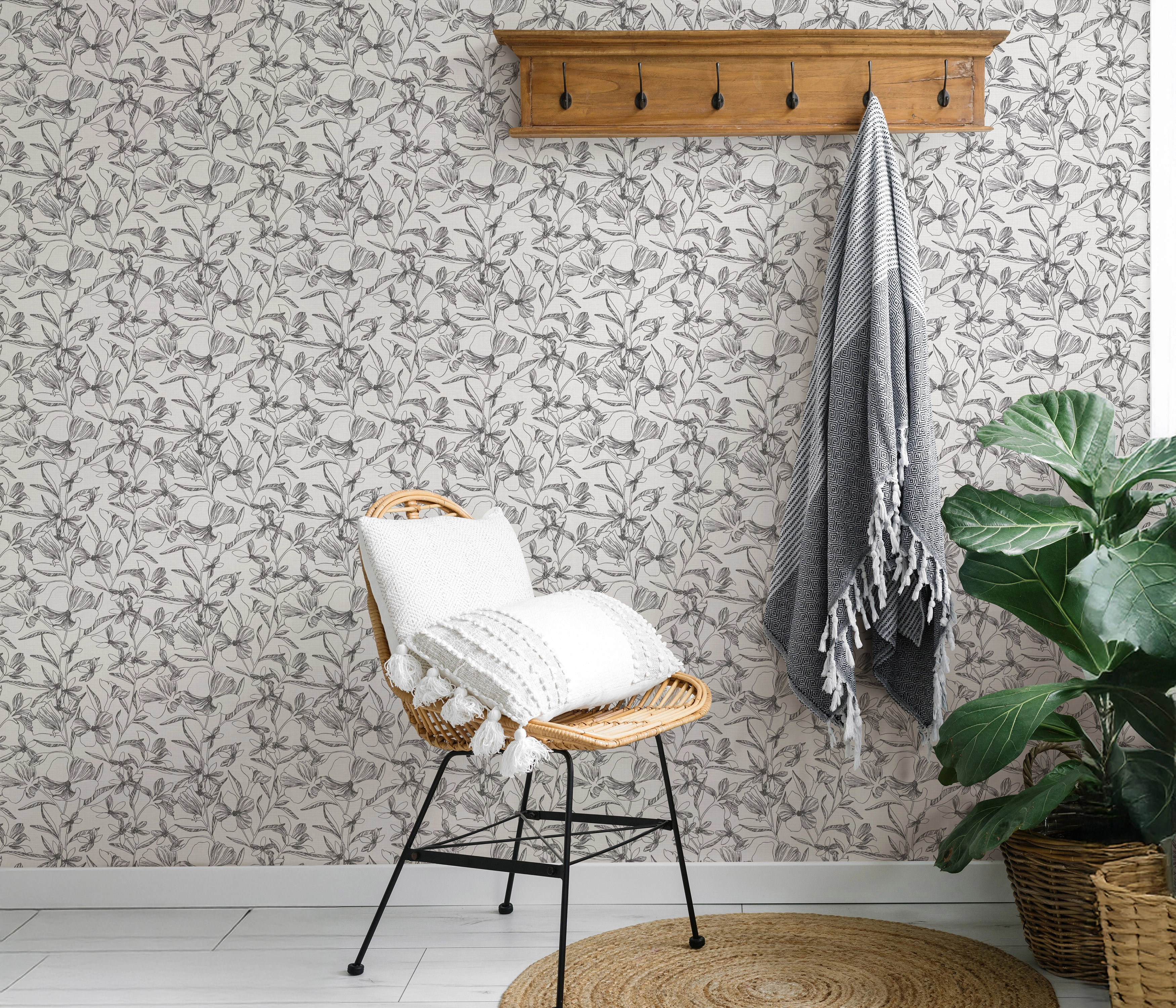 Mosható design tapéta virág rajzolt mintával fekete színben