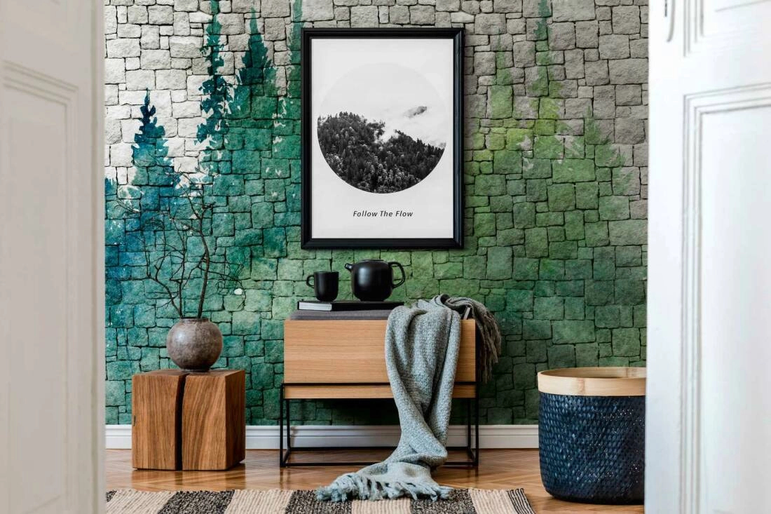 Mosható posztertapéta kőmintás alapon erdei tájkép mintával