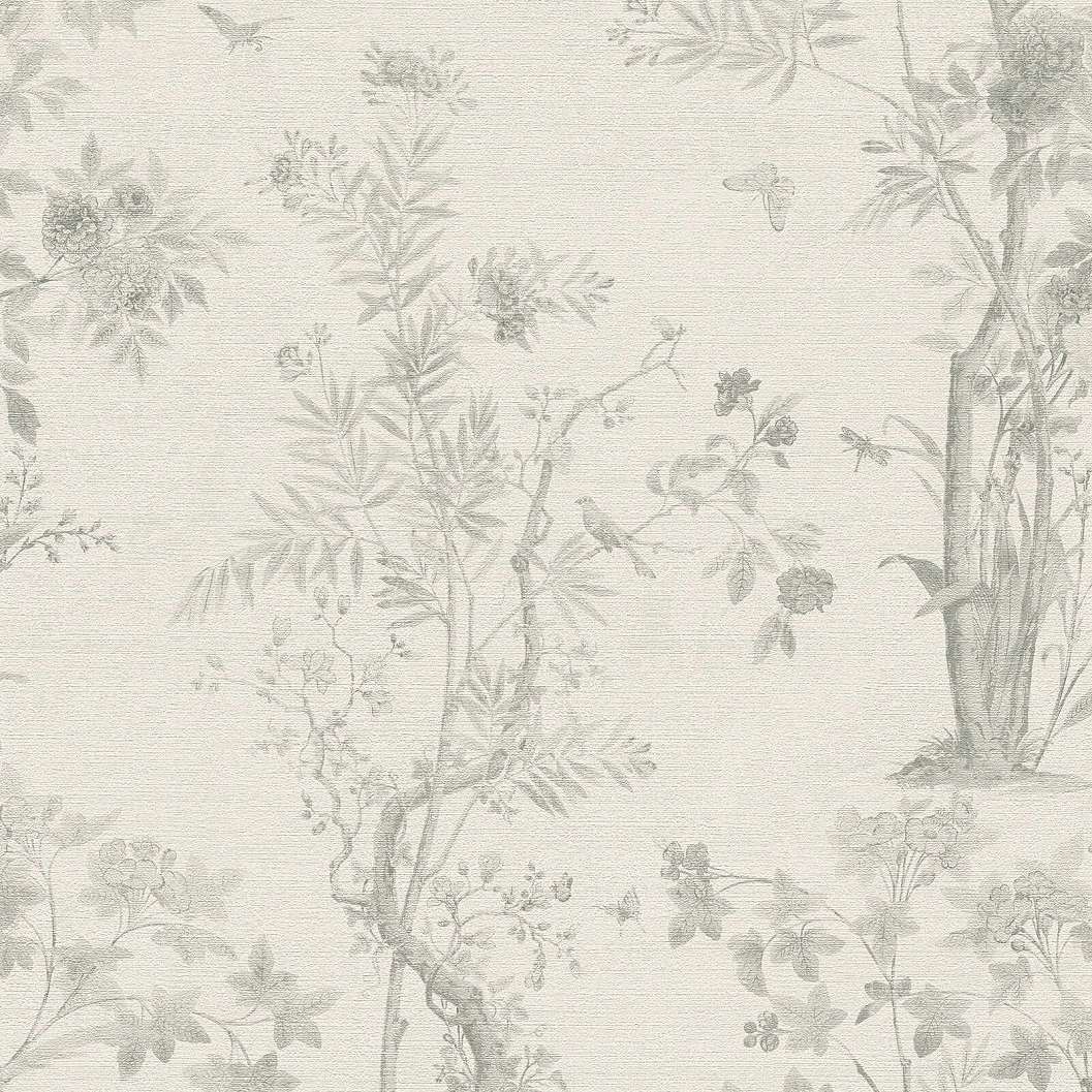 Mosható vinyl dekor tapéta virágzó leander madárkával és pillangókkal mintás ezüstös világosszürke színben