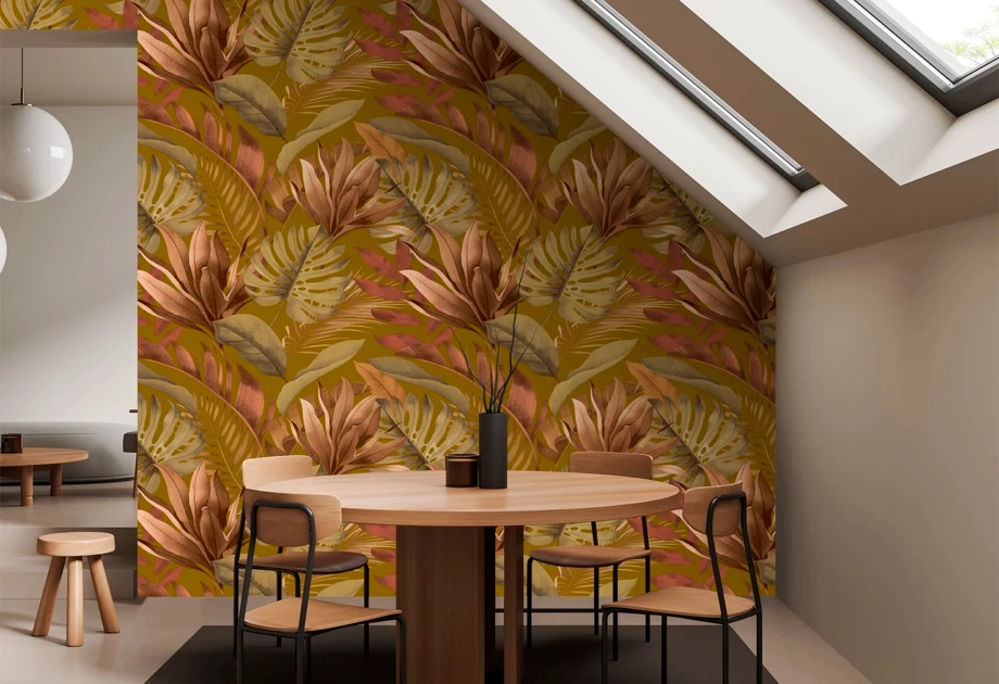 Mosható vinyl fotótapéta barna és mustársárga színű levél mintával