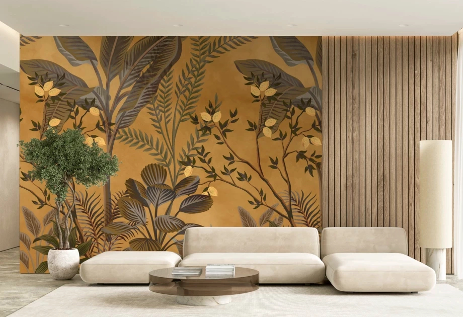 Mosható vinyl fotótapéta barna és szürke színű levél és virág mintás