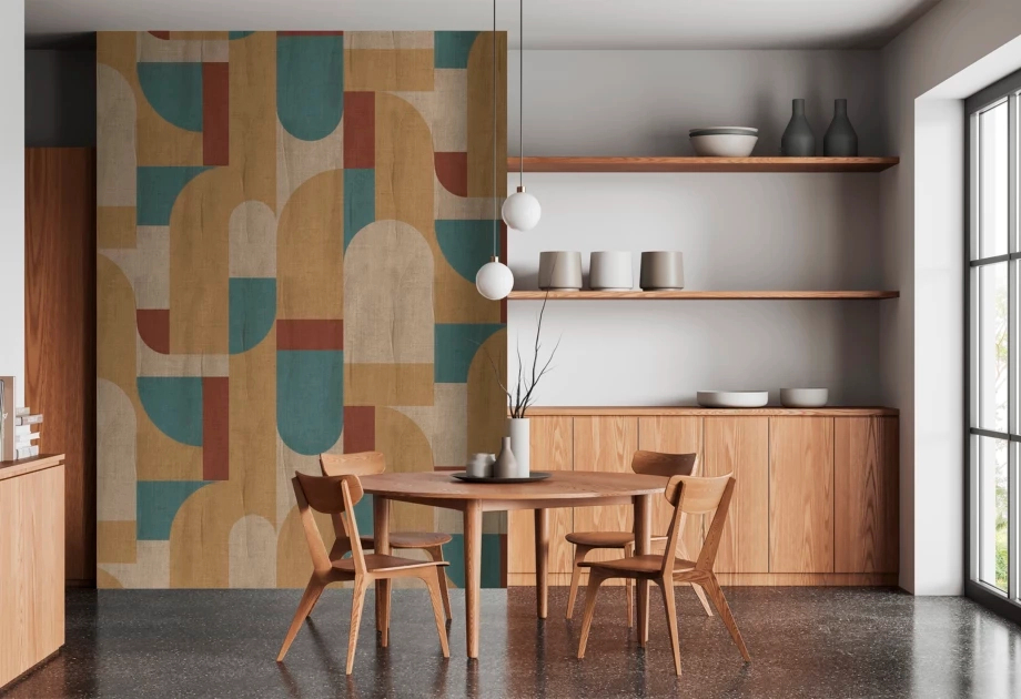 Mosható vinyl fotótapéta barna és türkiz színű geometriai mintás