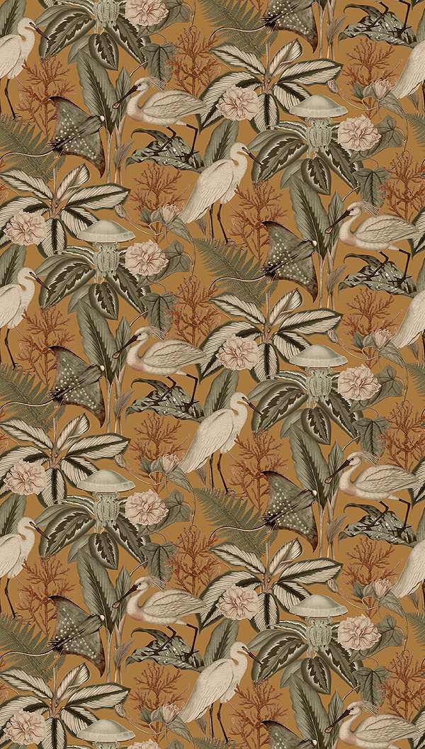 Mosható vinyl fotótapéta barna, fehér és szürke színű levél és darumadár mintával